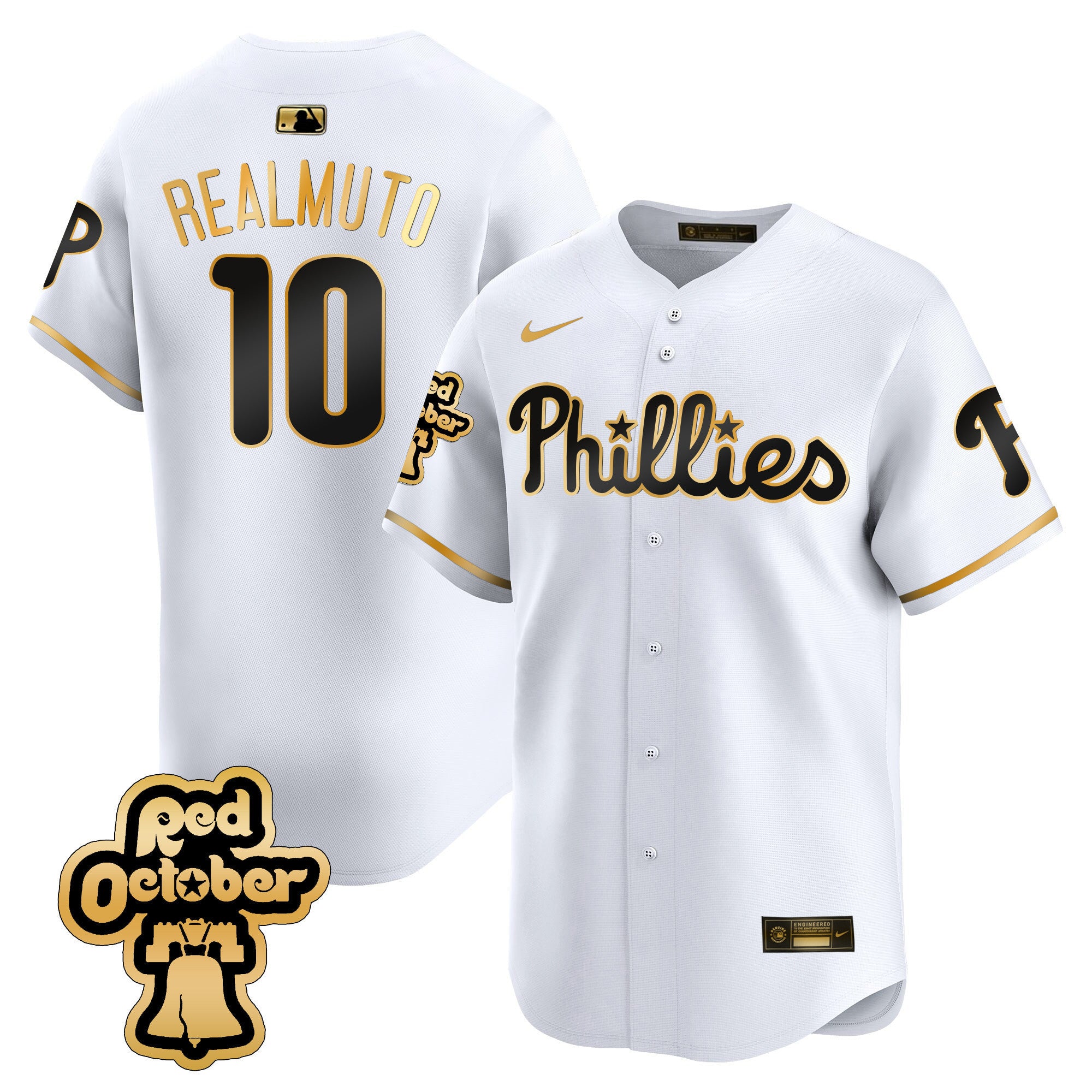 Men's Phillies Red Octorber Patch Vapor Premier Limited Jersey - All Stitched - White Gold, J.T.Realmuto