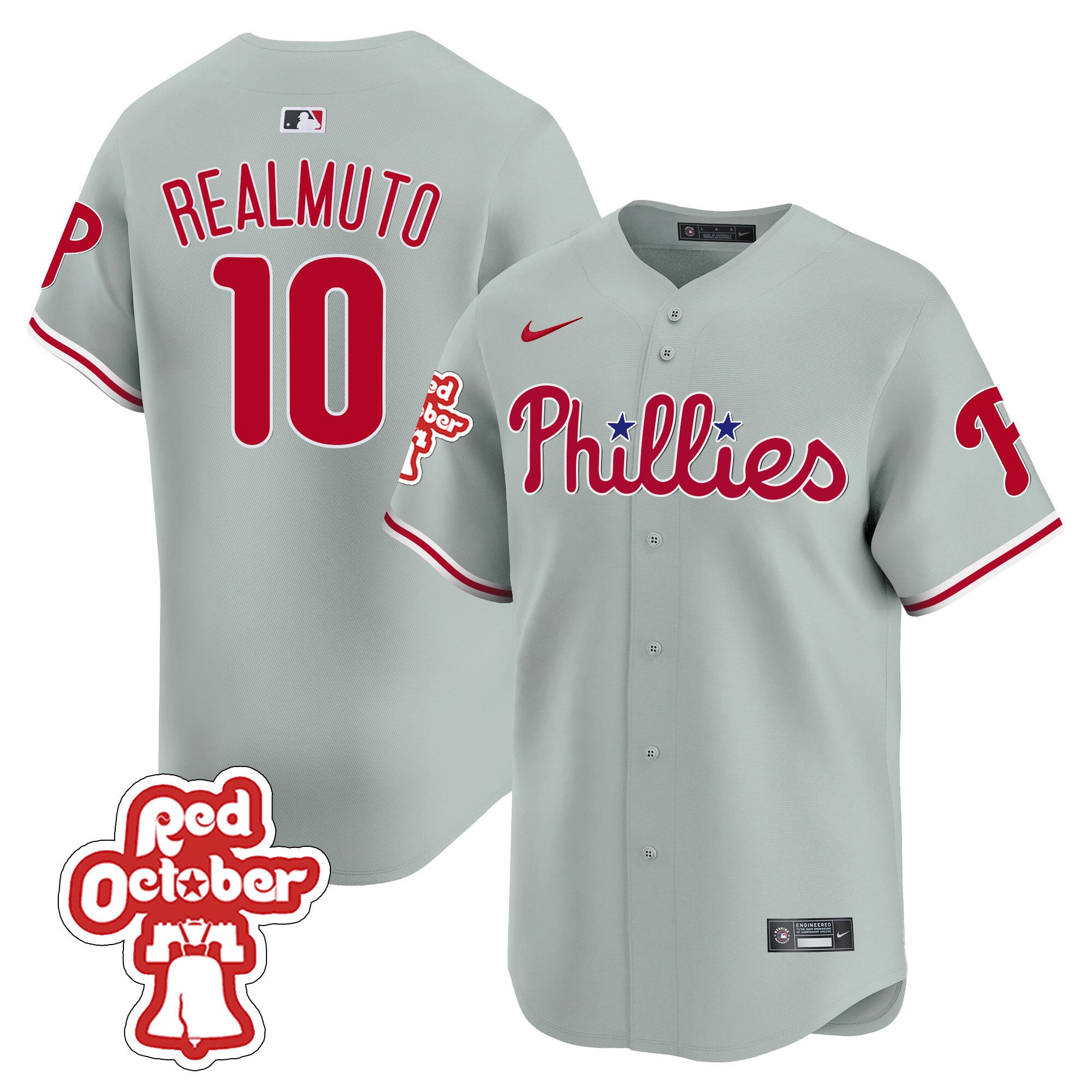 Men's Phillies Red Octorber Patch Vapor Premier Limited Jersey - All Stitched - Gray Road, J.T.Realmuto