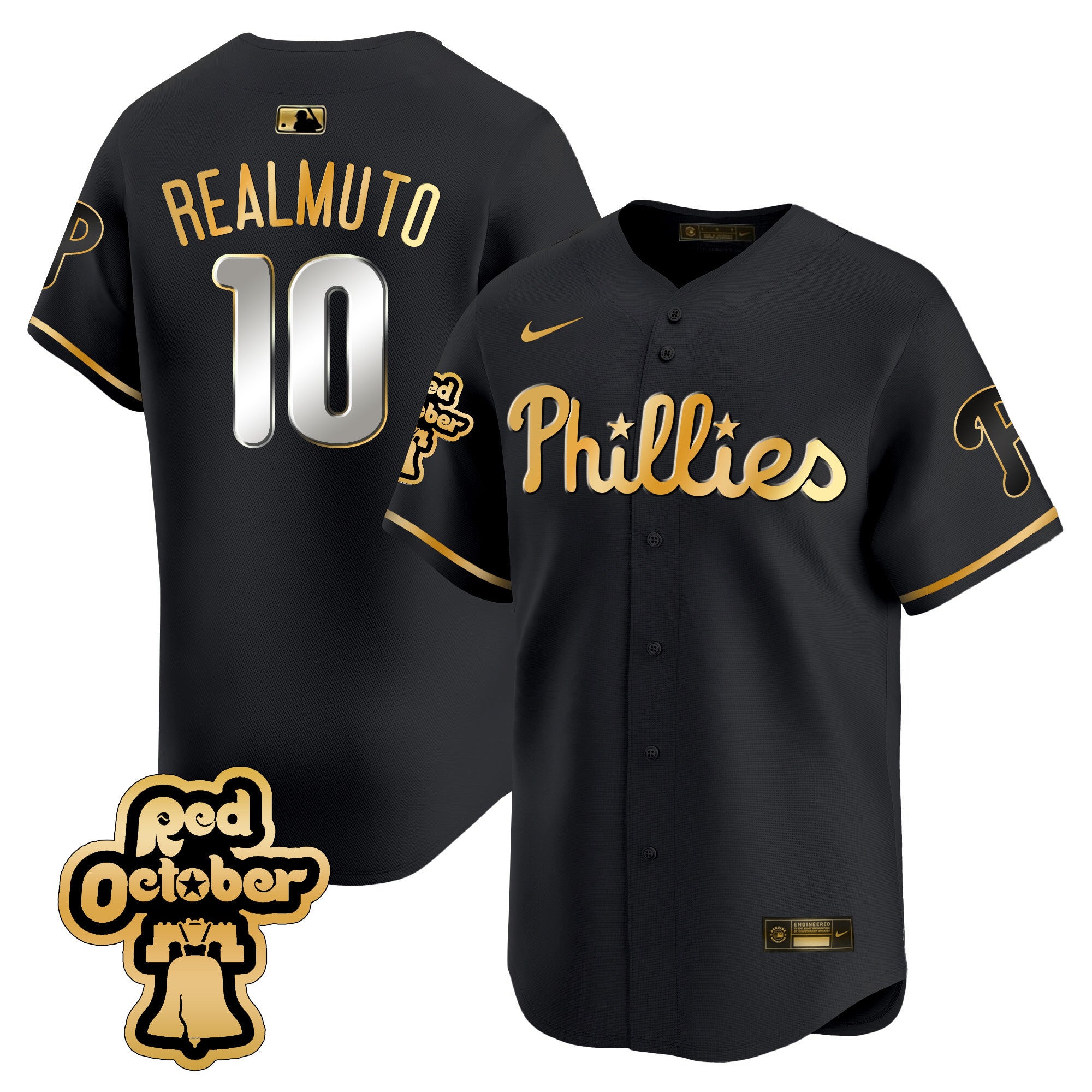 Men's Phillies Red Octorber Patch Vapor Premier Limited Jersey - All Stitched - Black Gold, J.T.Realmuto