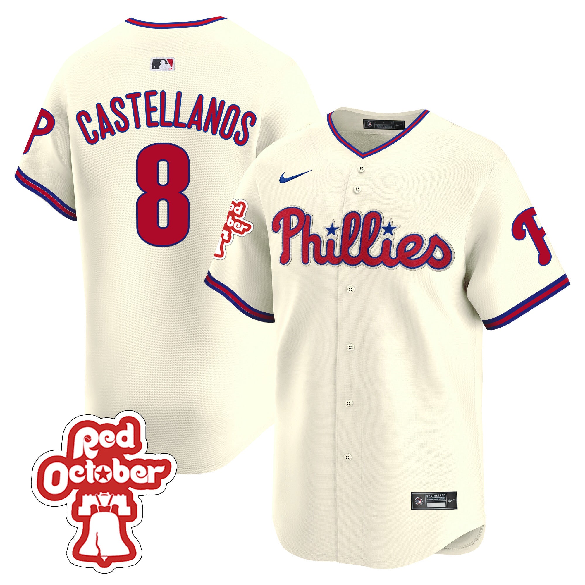 Men's Phillies Red Octorber Patch Vapor Premier Limited Jersey - All Stitched - Cream, Nick Castellanos