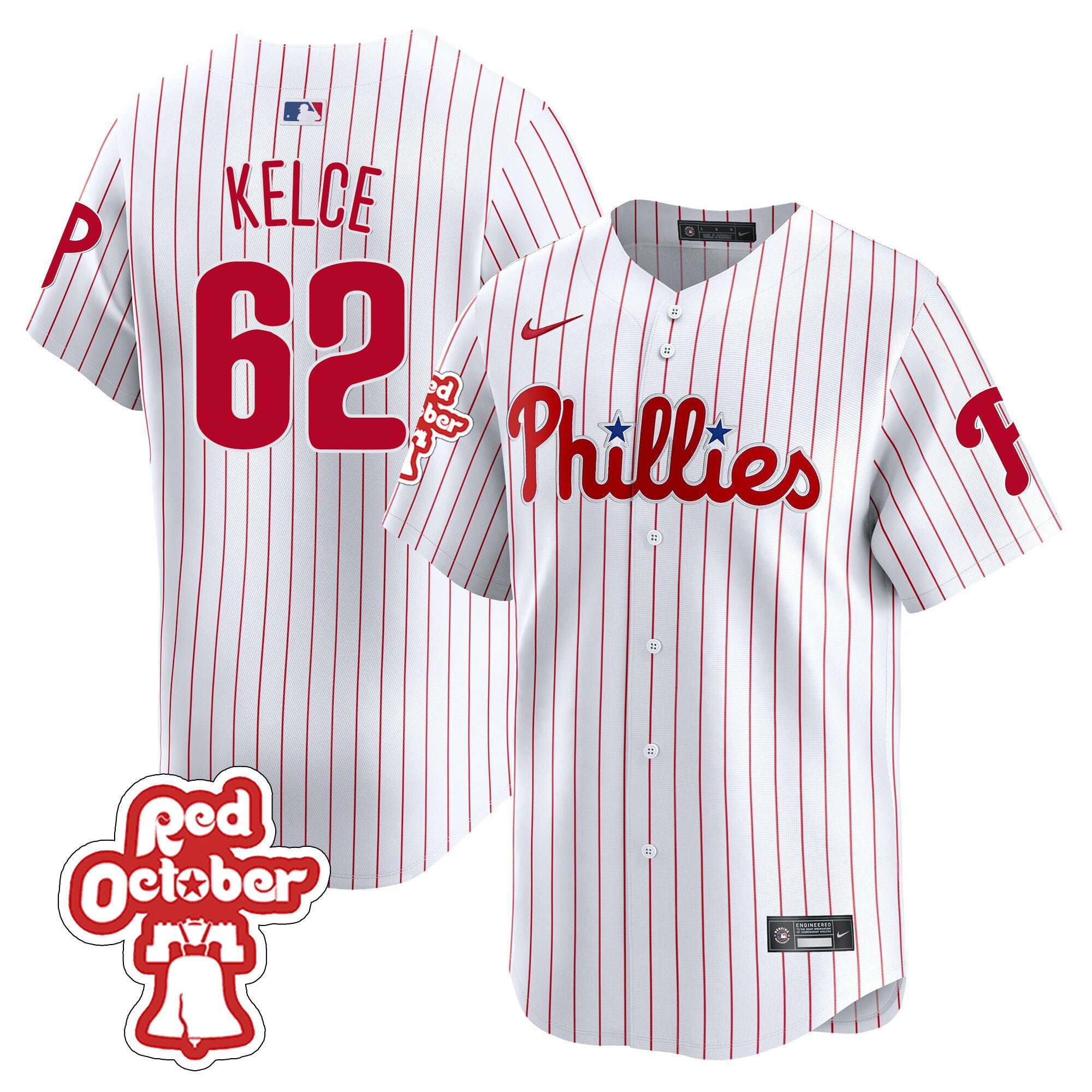 Men's Phillies Red Octorber Patch Vapor Premier Limited Jersey - All Stitched - White, Jason Kelce