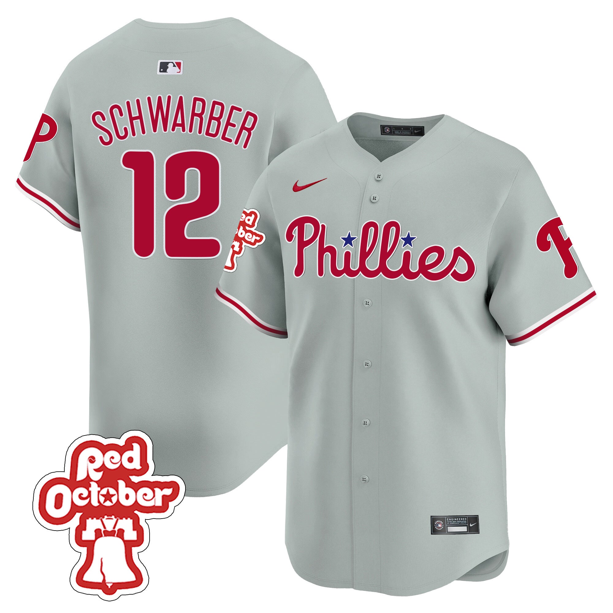 Men's Phillies Red Octorber Patch Vapor Premier Limited Jersey - All Stitched - Gray Road, Kyle Schwarber
