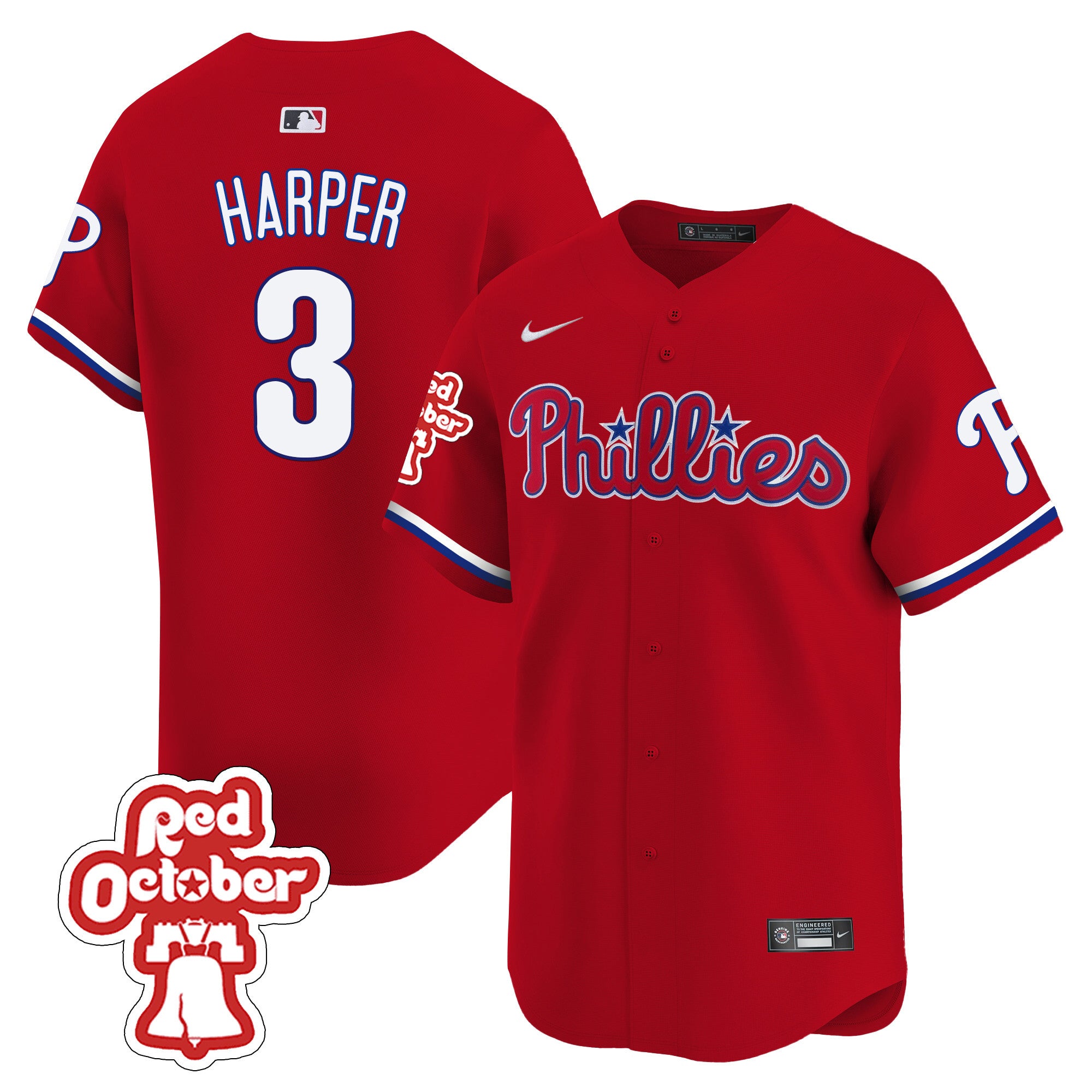 Men's Phillies Red Octorber Patch Vapor Premier Limited Jersey - All Stitched - Red, Bryce Harper