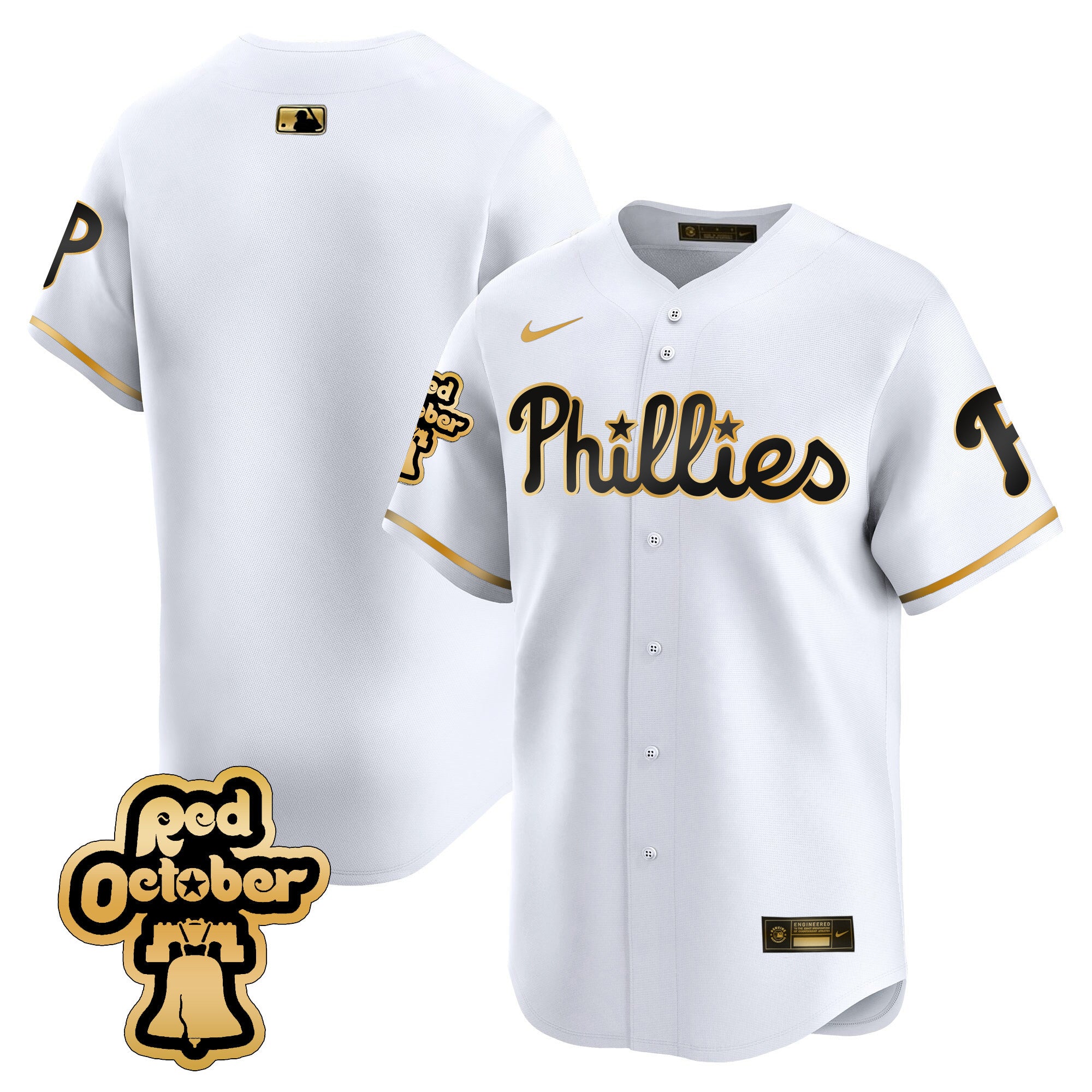 Men's Phillies Red Octorber Patch Vapor Premier Limited Jersey - All Stitched - White Gold, Team