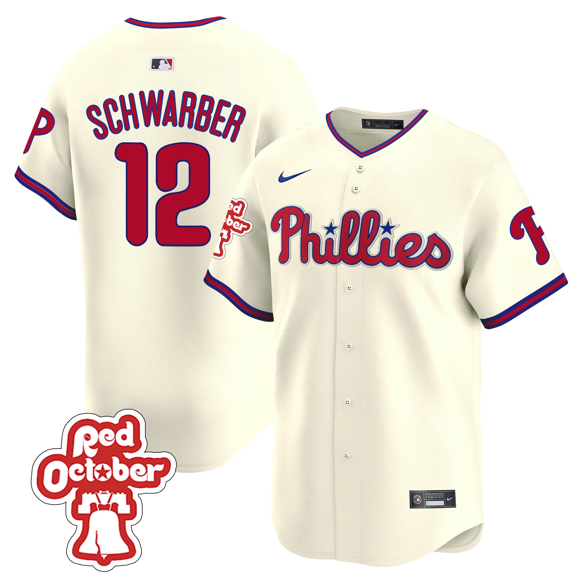 Men's Phillies Red Octorber Patch Vapor Premier Limited Jersey - All Stitched - Cream, Kyle Schwarber