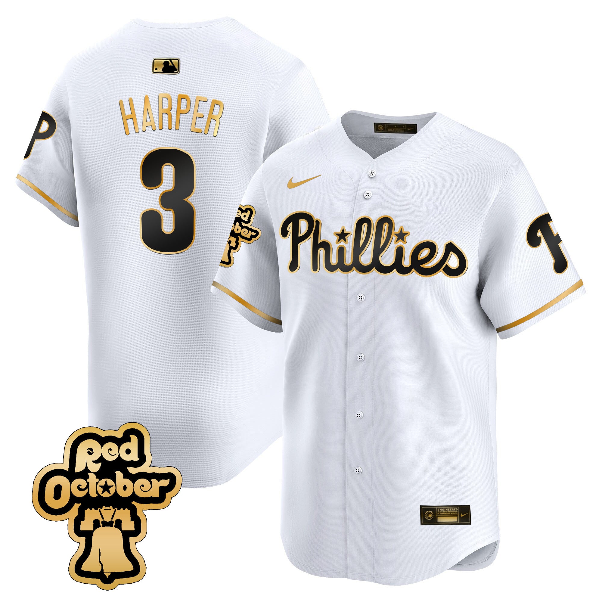 Men's Phillies Red Octorber Patch Vapor Premier Limited Jersey - All Stitched - White Gold, Bryce Harper