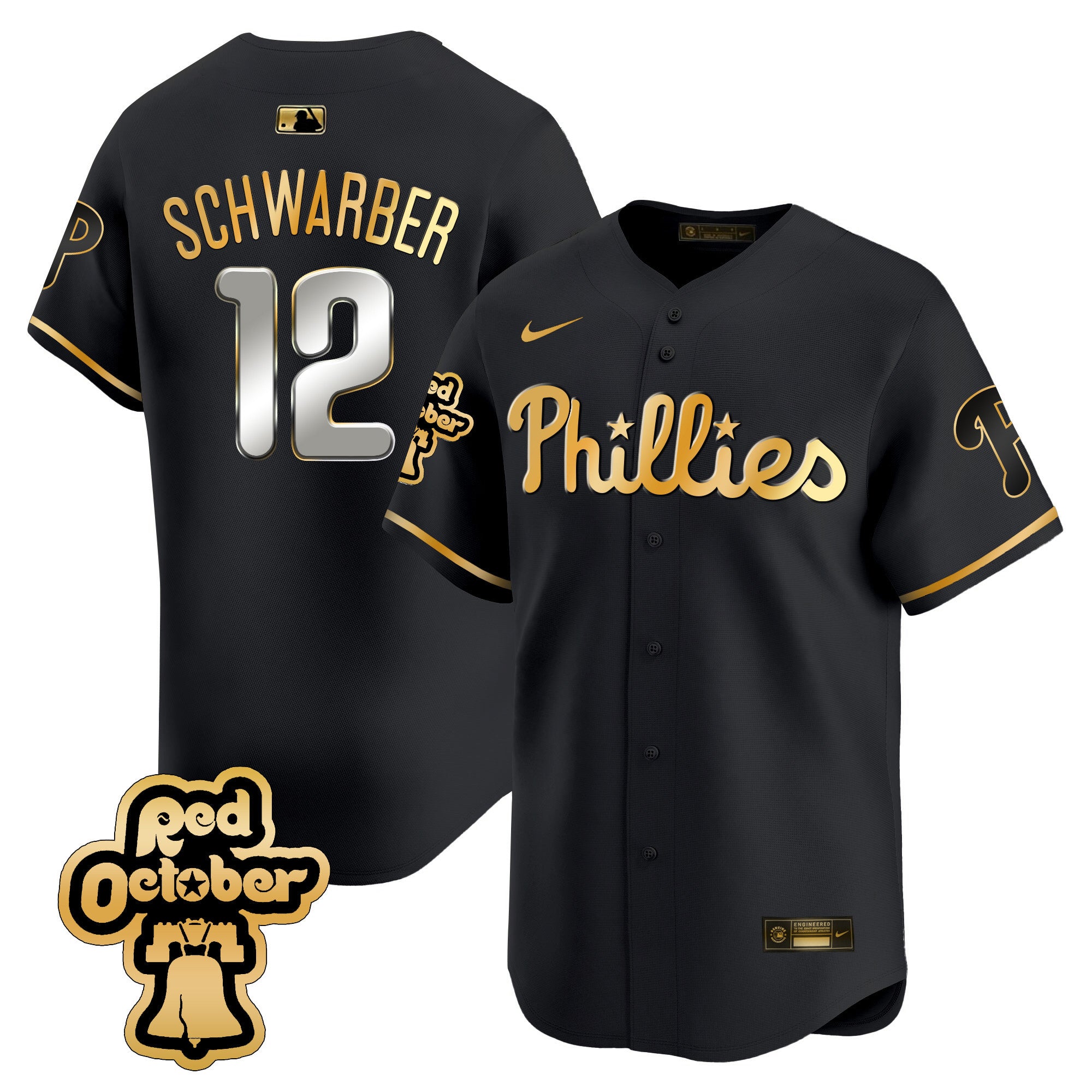 Men's Phillies Red Octorber Patch Vapor Premier Limited Jersey - All Stitched - Black Gold, Kyle Schwarber