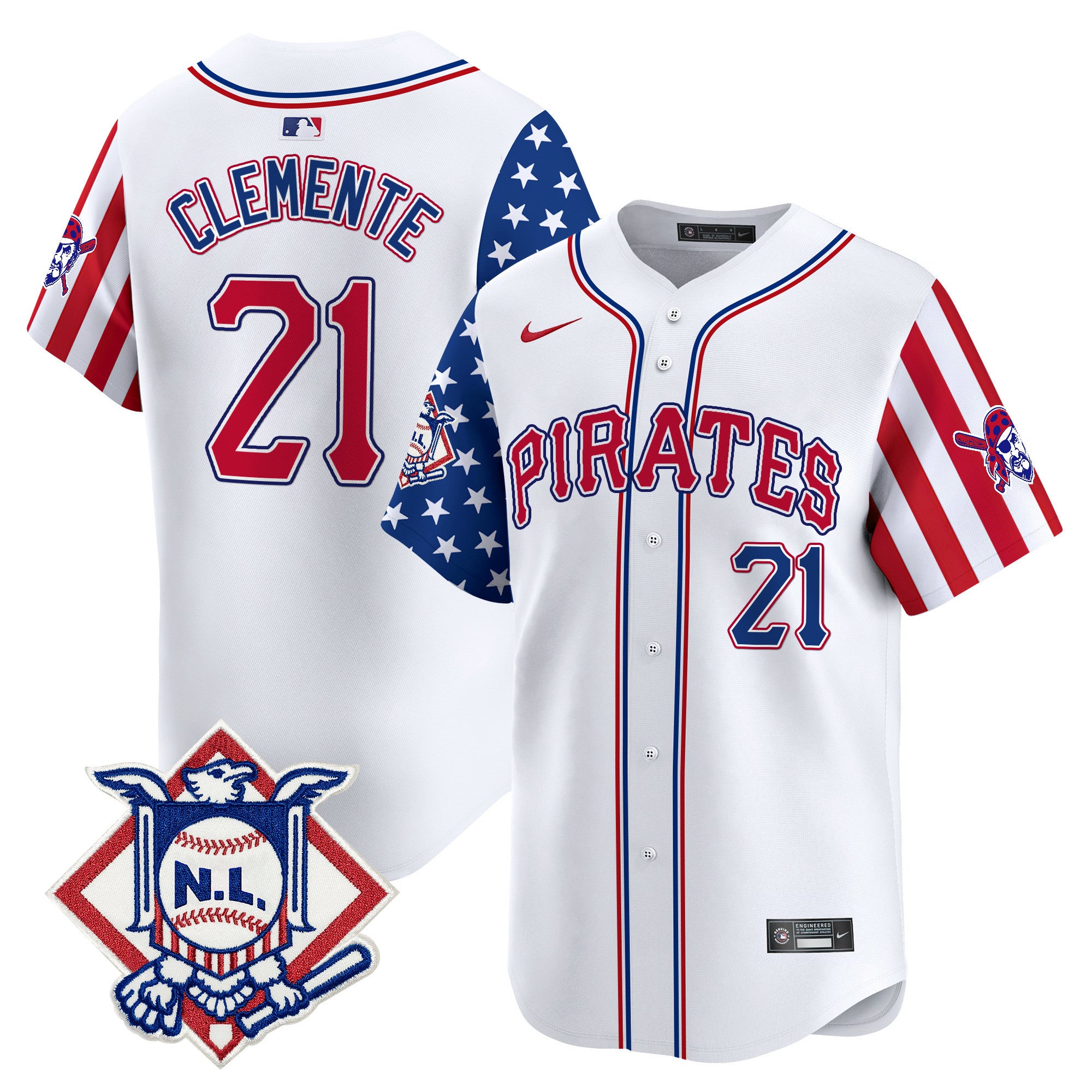 Men's Pittsburgh Pirates 2024 Fourth of July Vapor Premier Limited Jersey - All Stitched - White, Roberto Clemente
