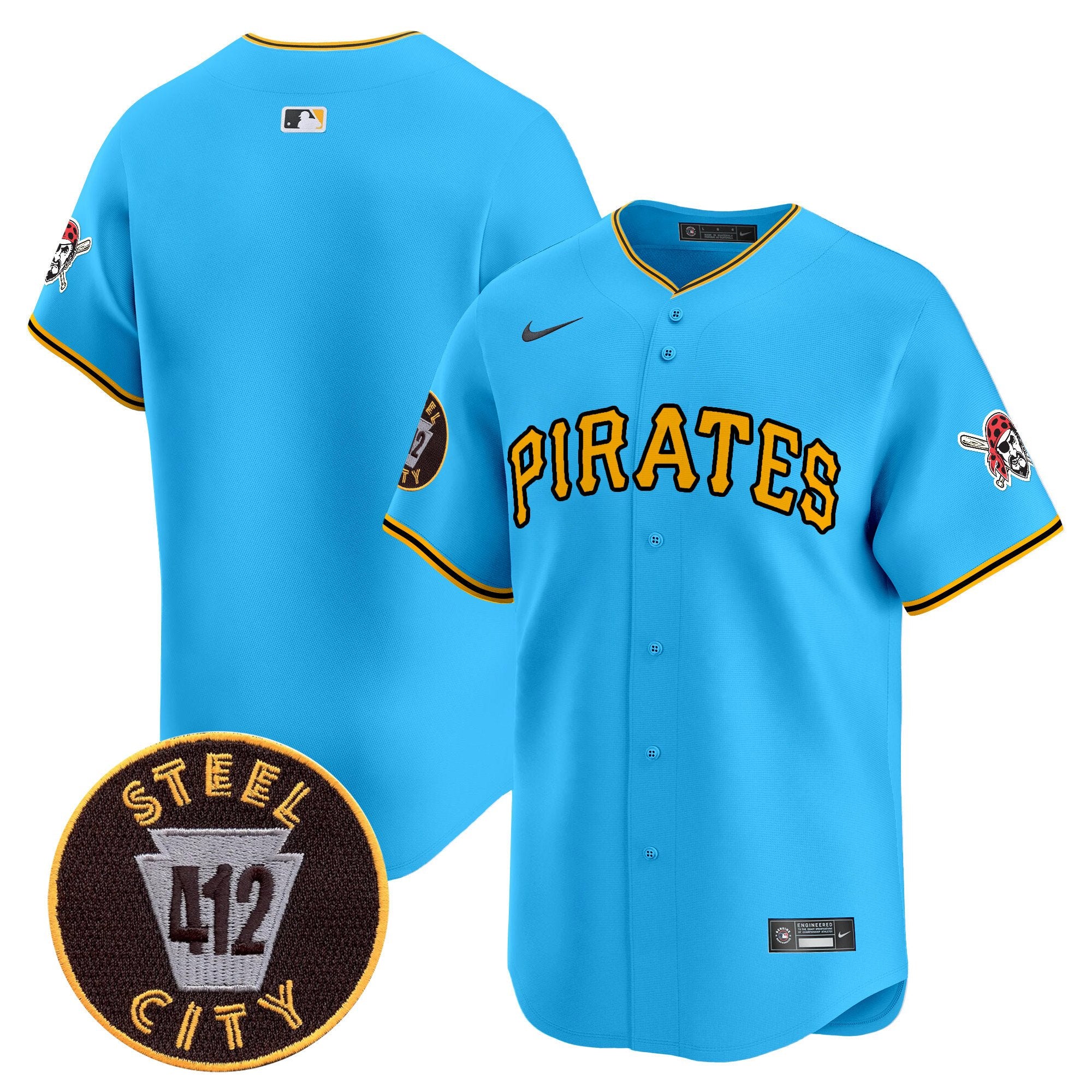 Men's Pittsburgh Pirates 412 Patch Vapor Premier Limited Jersey V3 - All Stitched - Light Blue, Team