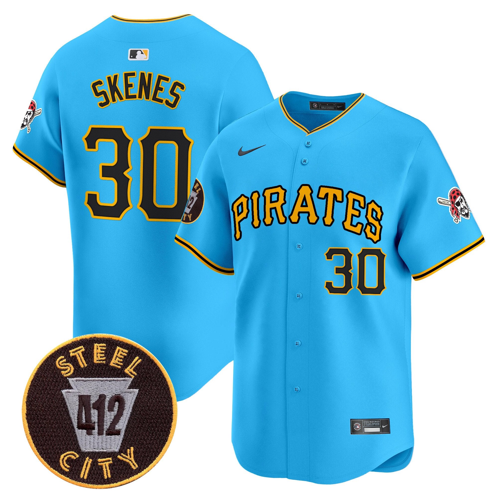 Men's Pittsburgh Pirates 412 Patch Vapor Premier Limited Jersey V3 - All Stitched - Light Blue, Paul Skenes