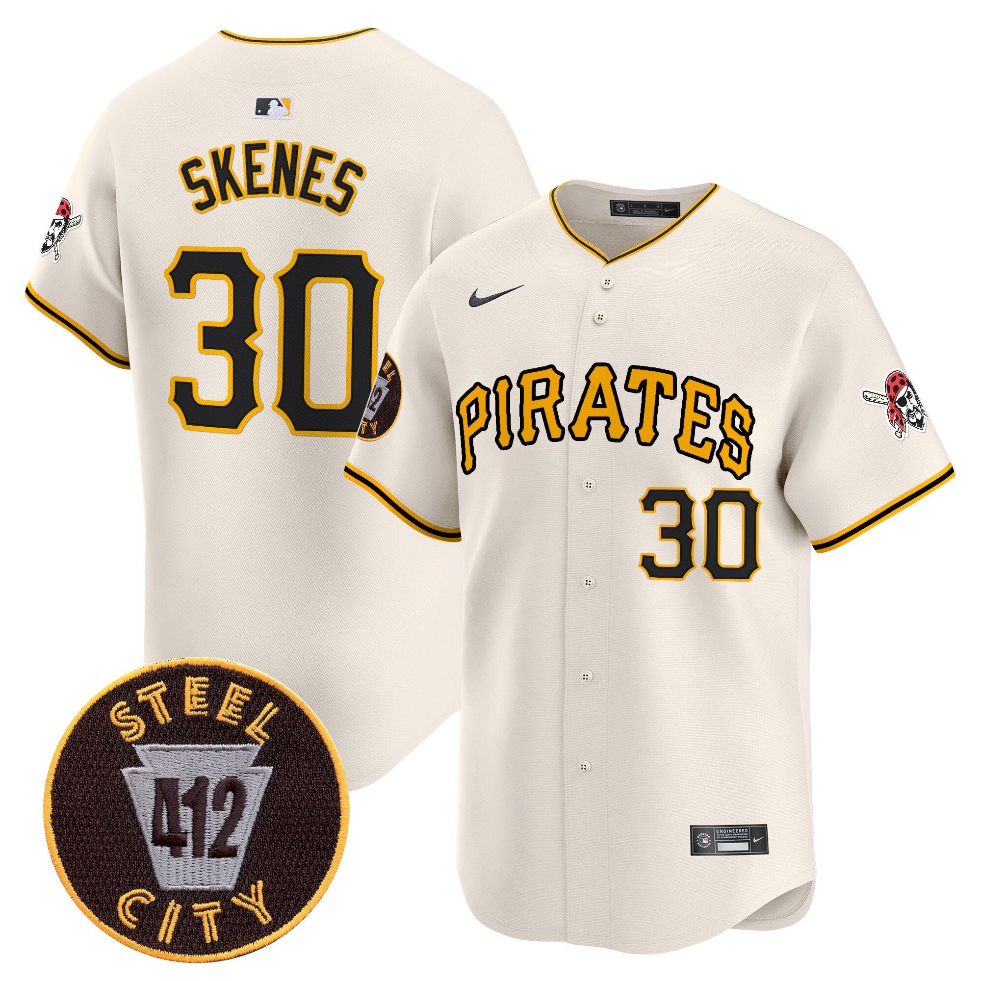 Men's Pittsburgh Pirates 412 Patch Vapor Premier Limited Jersey V3 - All Stitched - Cream, Paul Skenes