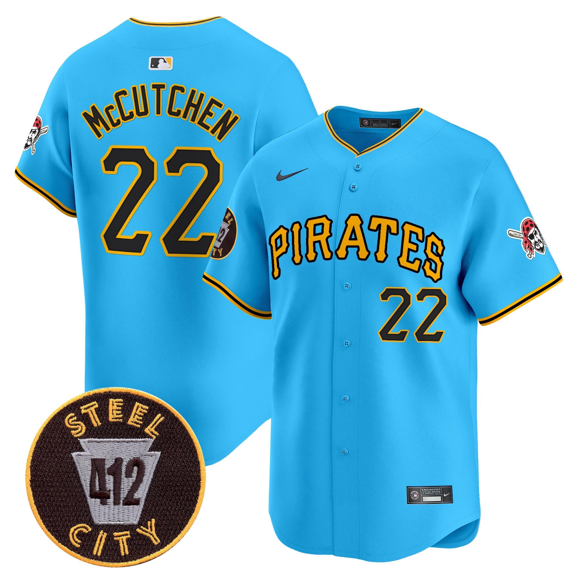 Men's Pittsburgh Pirates 412 Patch Vapor Premier Limited Jersey V3 - All Stitched - Light Blue, Andrew Mccutchen