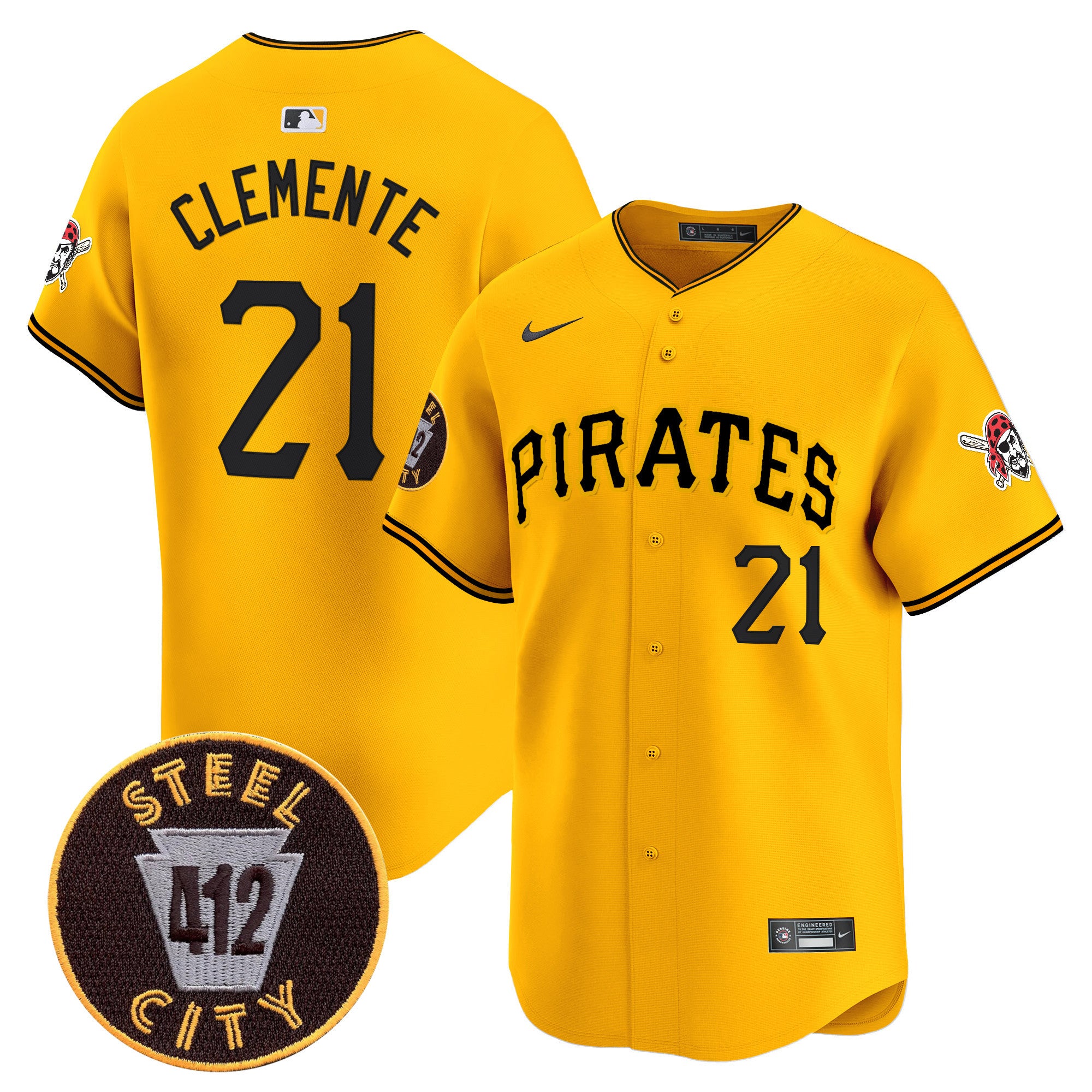 Men's Pittsburgh Pirates 412 Patch Vapor Premier Limited Jersey V3 - All Stitched - Gold, Roberto Clemente