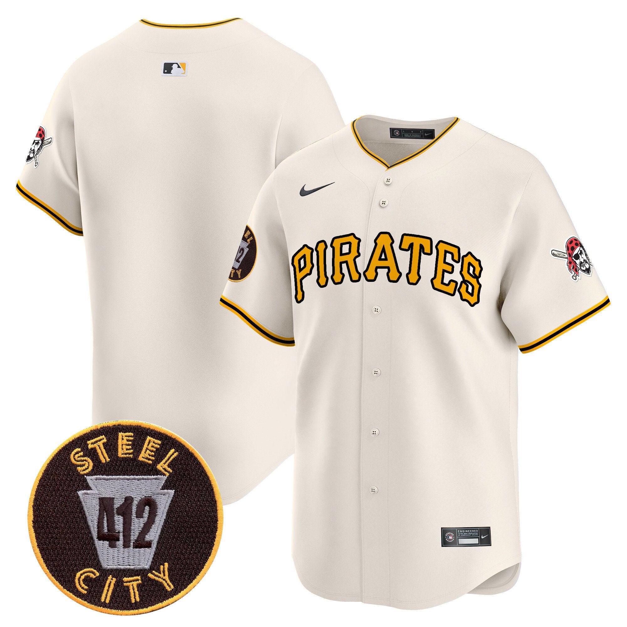 Men's Pittsburgh Pirates 412 Patch Vapor Premier Limited Jersey V3 - All Stitched - Cream, Team