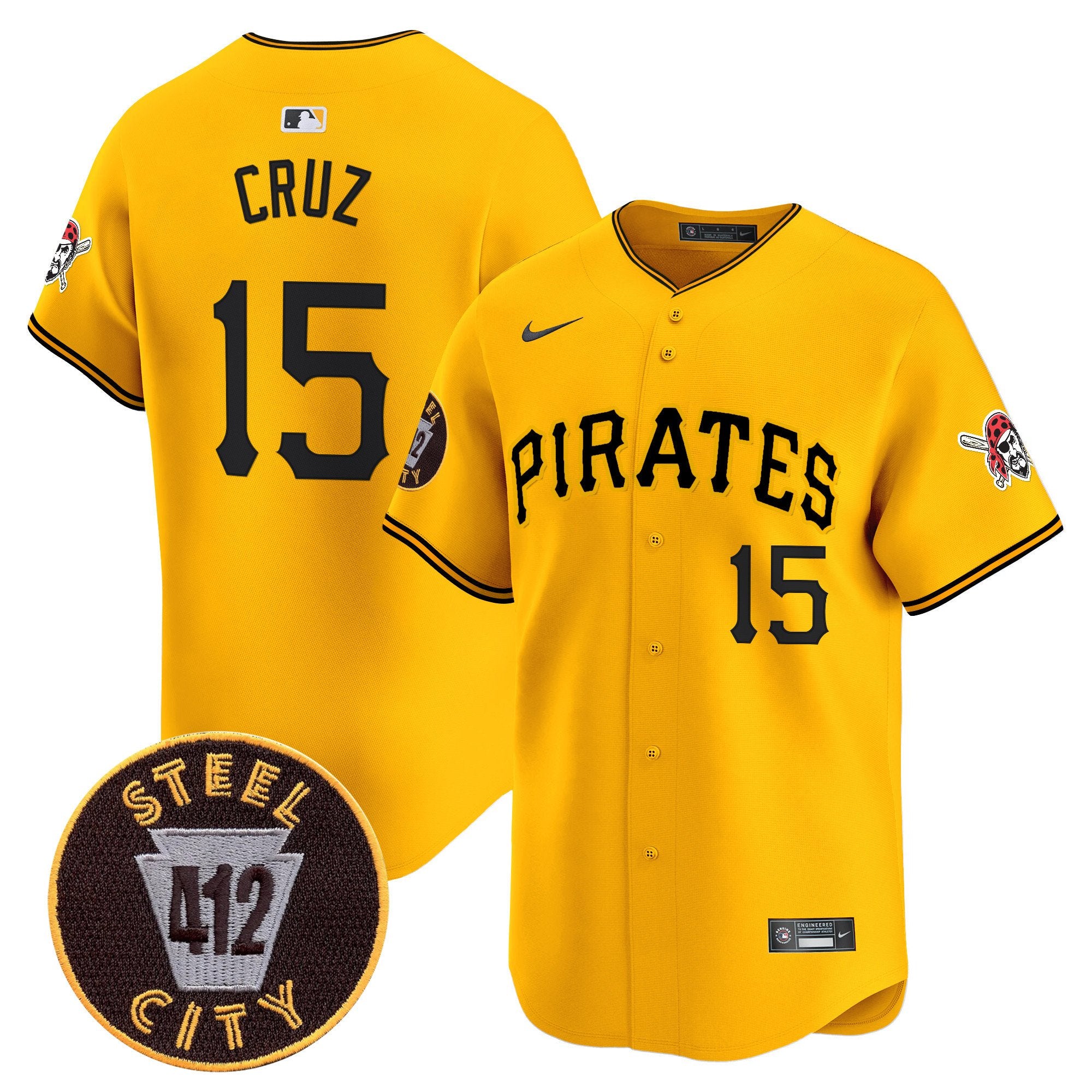 Men's Pittsburgh Pirates 412 Patch Vapor Premier Limited Jersey V3 - All Stitched - Gold, Oneil Cruz