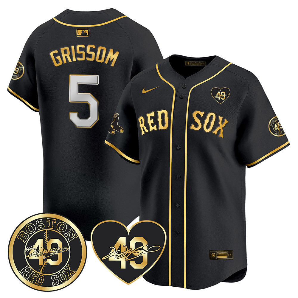 Men's Red Sox Tim Wakefield Memorial Patch Vaper Premier Limited Jersey - All Stitched- All Stitched - Black Gold, Vaughn Grissom