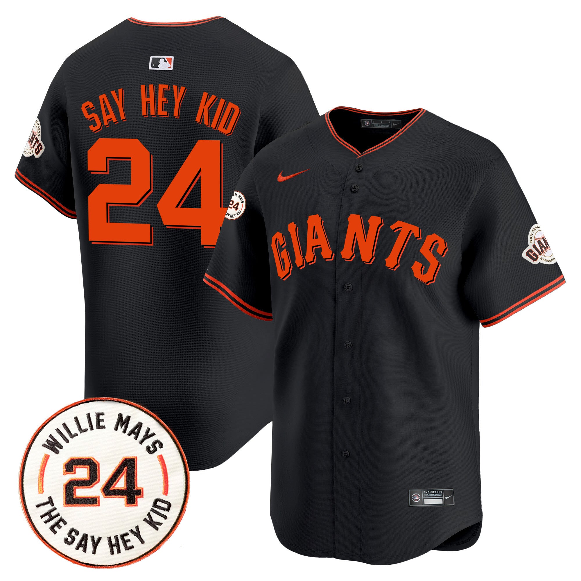 Men's San Francisco Giants 2024 Willie Mays Patch Vapor Premier Limited Jersey V6 - All Stitched - Black, Willie Mays