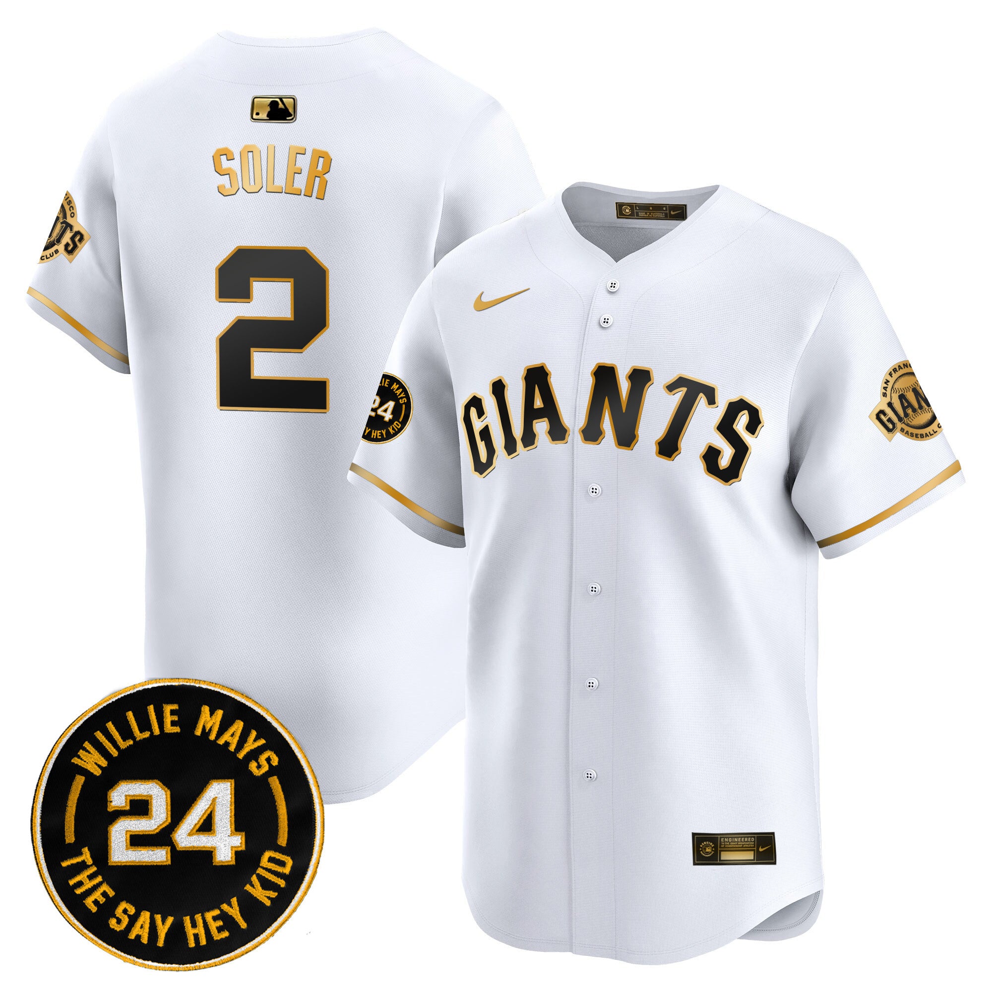 Men's San Francisco Giants 2024 Willie Mays Patch Vapor Premier Limited Jersey V6 - All Stitched - White Gold, Jorge Soler