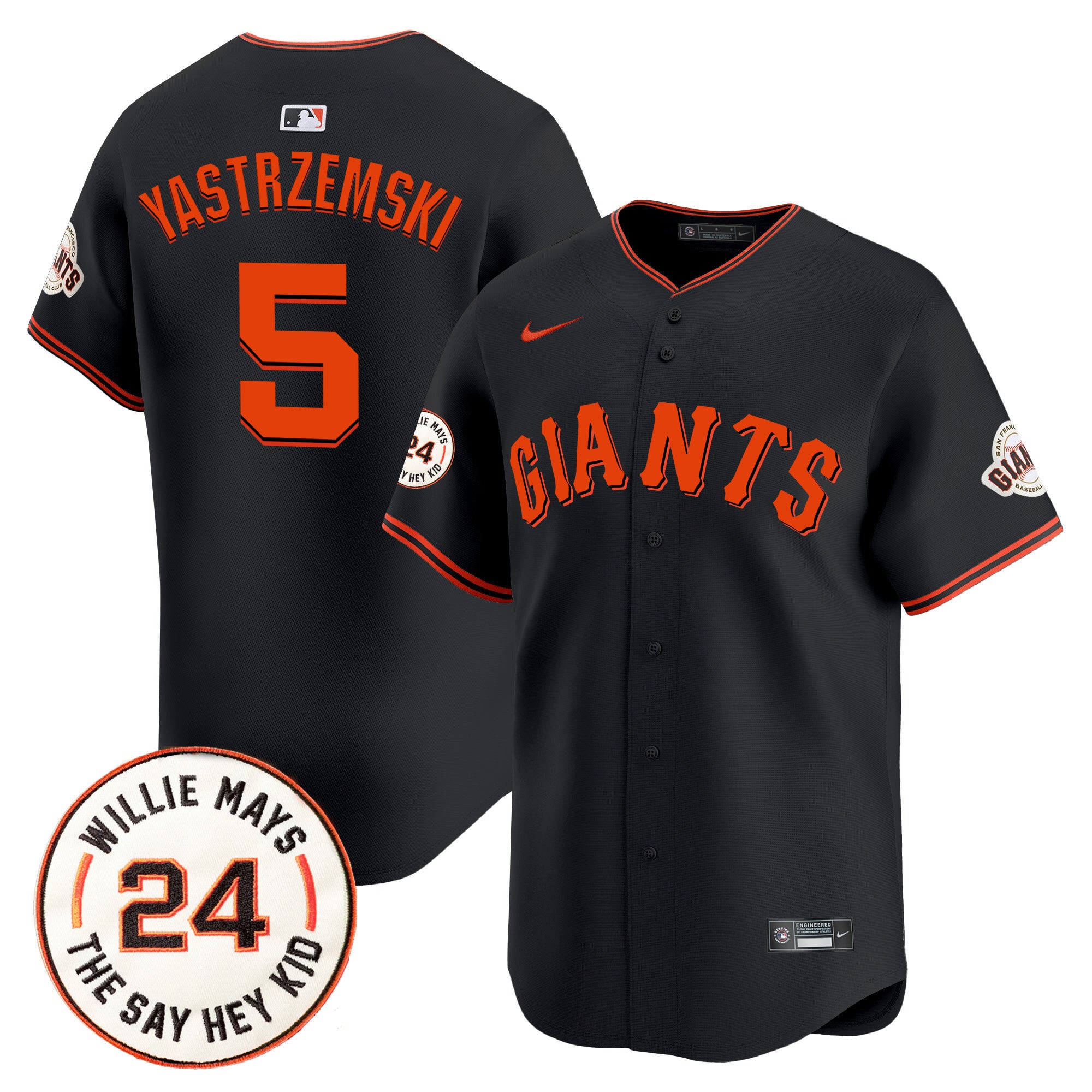 Men's San Francisco Giants 2024 Willie Mays Patch Vapor Premier Limited Jersey V6 - All Stitched - Black, Mike Yastrzemski