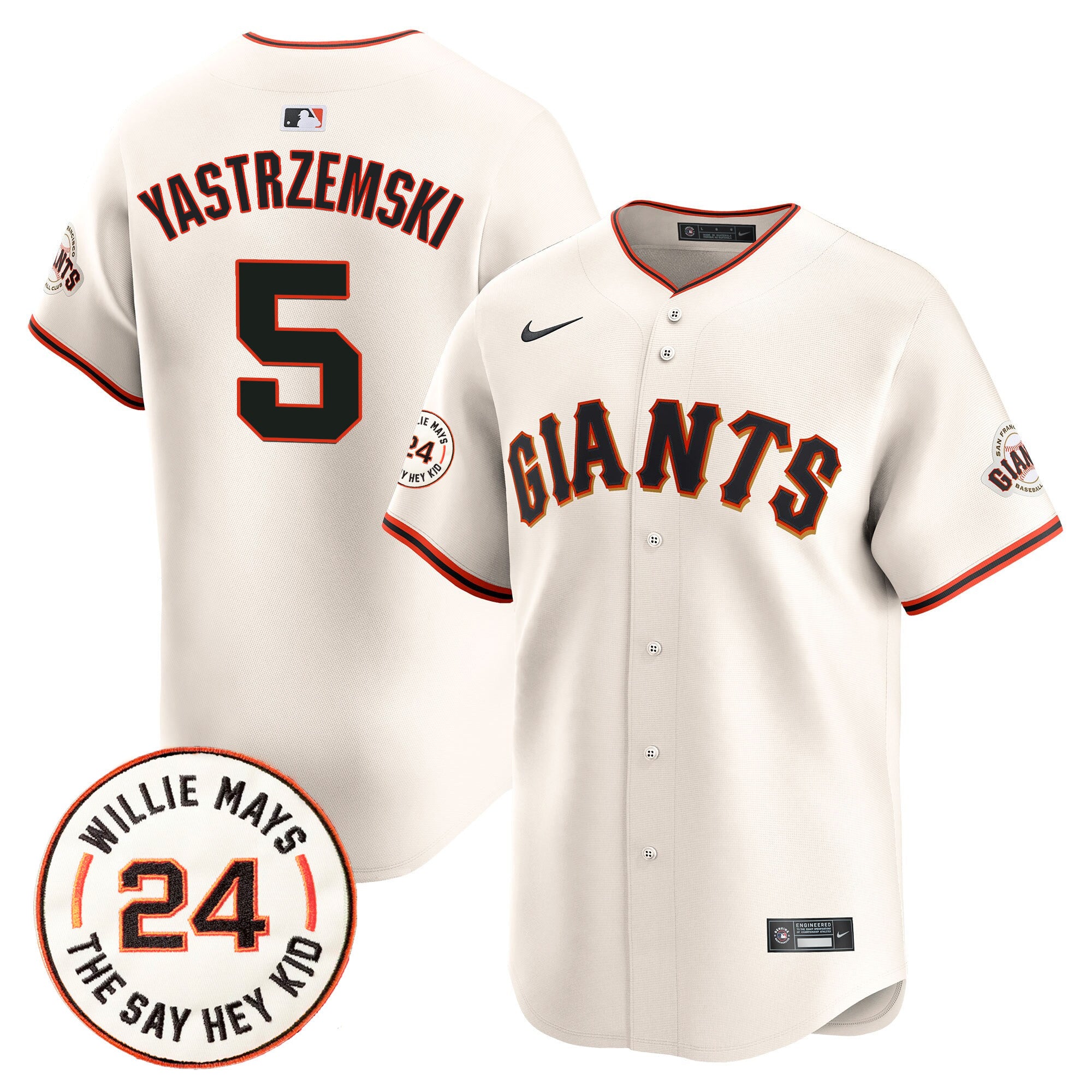 Men's San Francisco Giants 2024 Willie Mays Patch Vapor Premier Limited Jersey V6 - All Stitched - Cream, Mike Yastrzemski