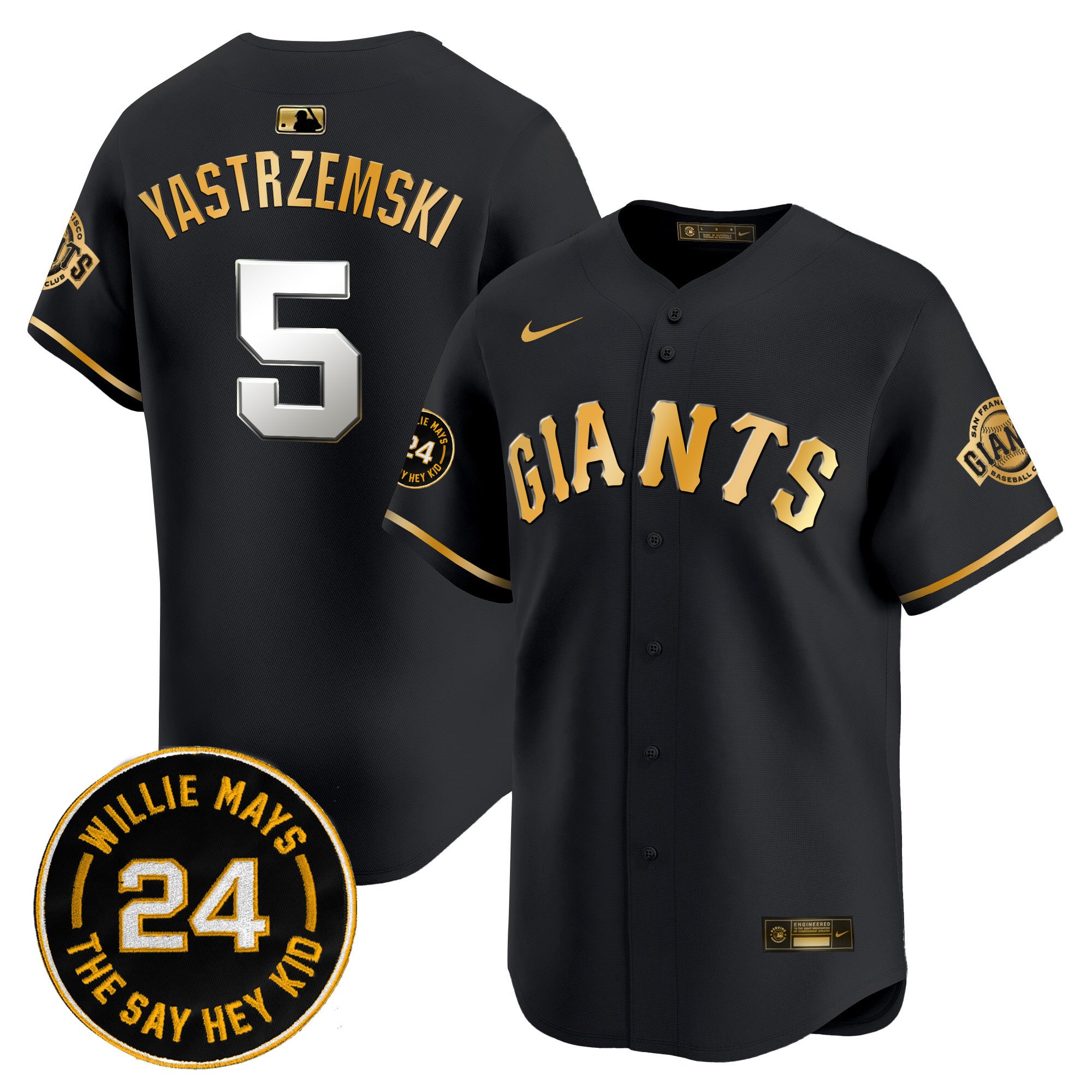 Men's San Francisco Giants 2024 Willie Mays Patch Vapor Premier Limited Jersey V6 - All Stitched - Black Gold, Mike Yastrzemski