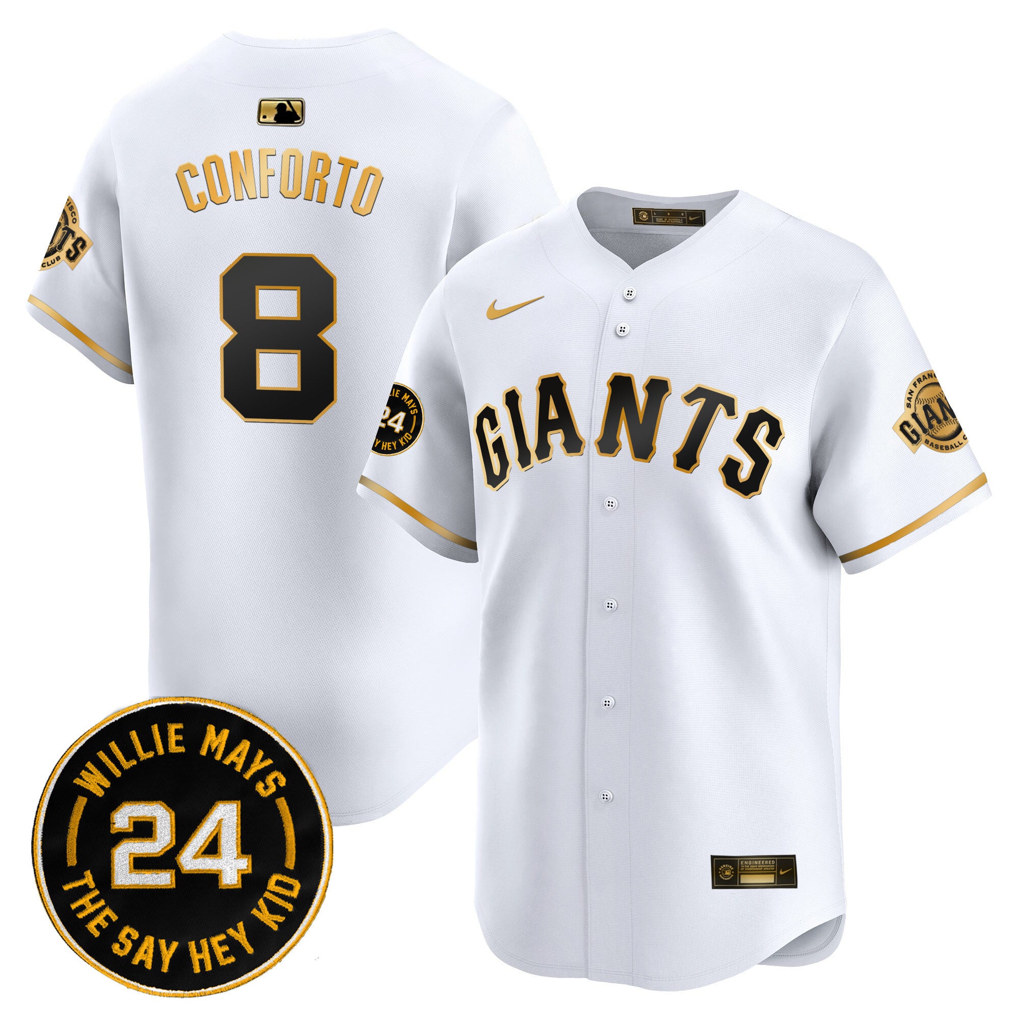 Men's San Francisco Giants 2024 Willie Mays Patch Vapor Premier Limited Jersey V6 - All Stitched - White Gold, Michael Conforto
