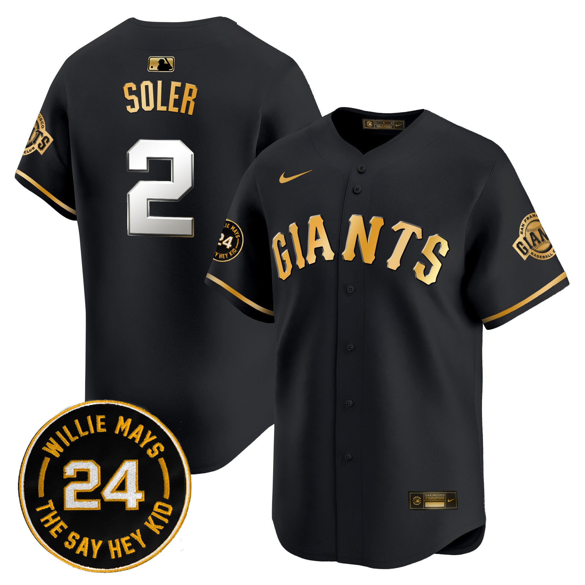 Men's San Francisco Giants 2024 Willie Mays Patch Vapor Premier Limited Jersey V6 - All Stitched - Black Gold, Jorge Soler