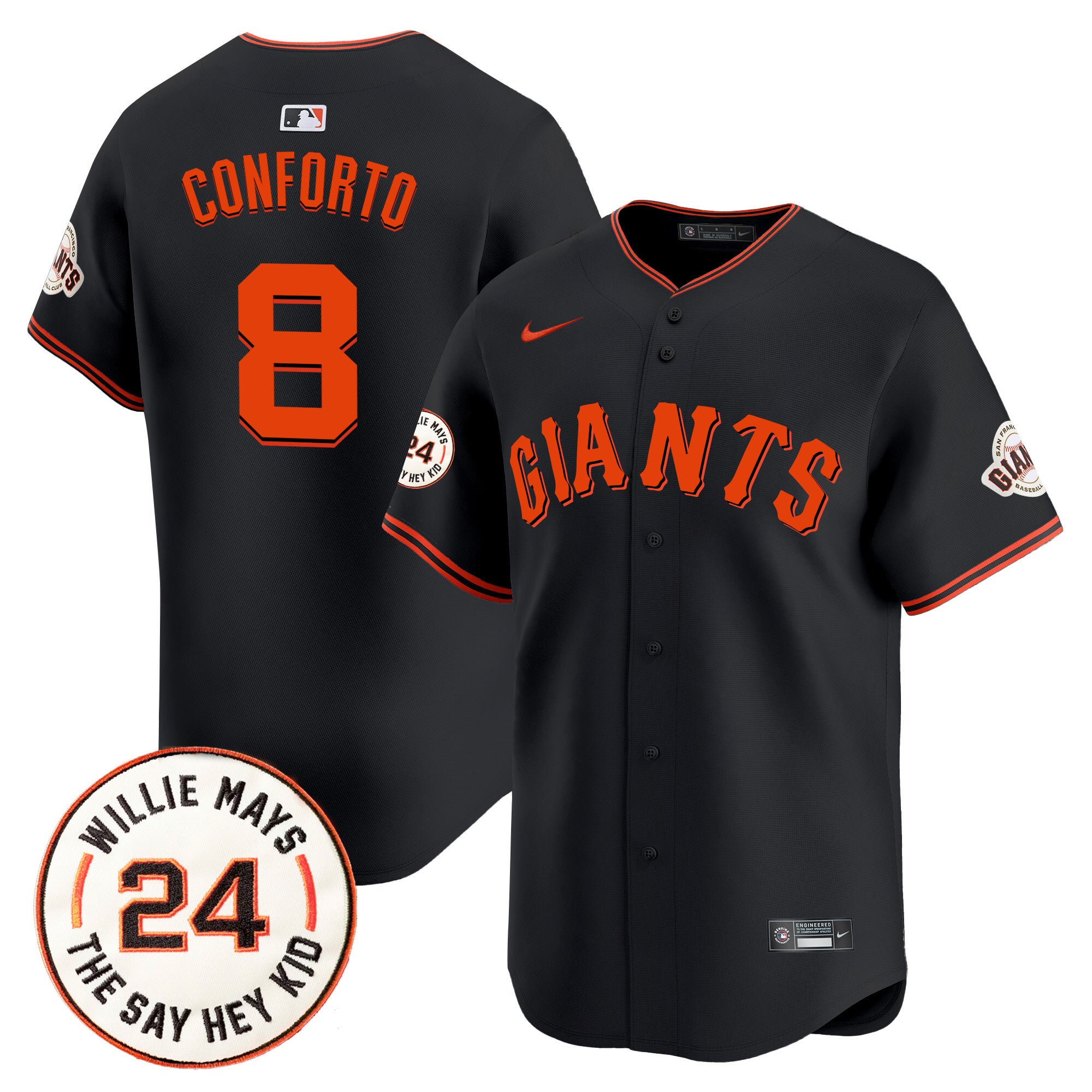 Men's San Francisco Giants 2024 Willie Mays Patch Vapor Premier Limited Jersey V6 - All Stitched - Black, Michael Conforto