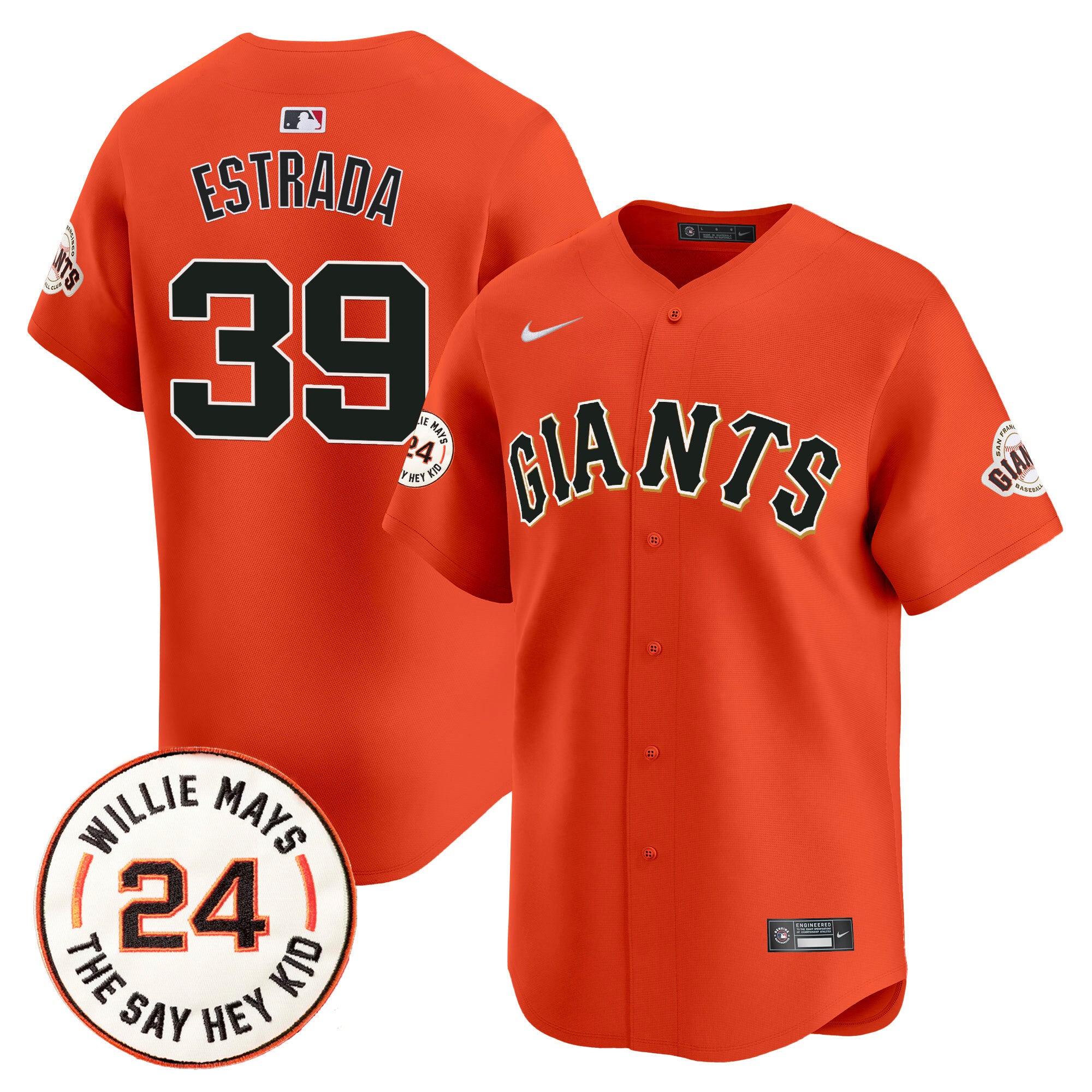 Men's San Francisco Giants 2024 Willie Mays Patch Vapor Premier Limited Jersey V6 - All Stitched - Orange, Thairo Estrada