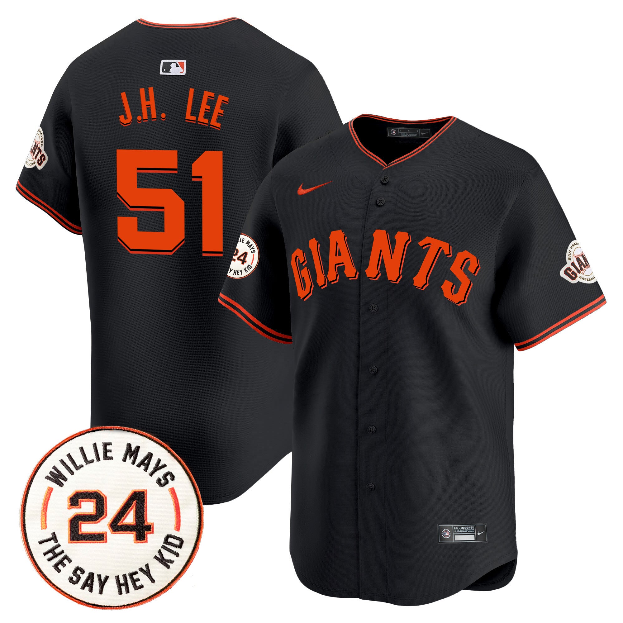 Men's San Francisco Giants 2024 Willie Mays Patch Vapor Premier Limited Jersey V6 - All Stitched - Black, Jung Hoo Lee