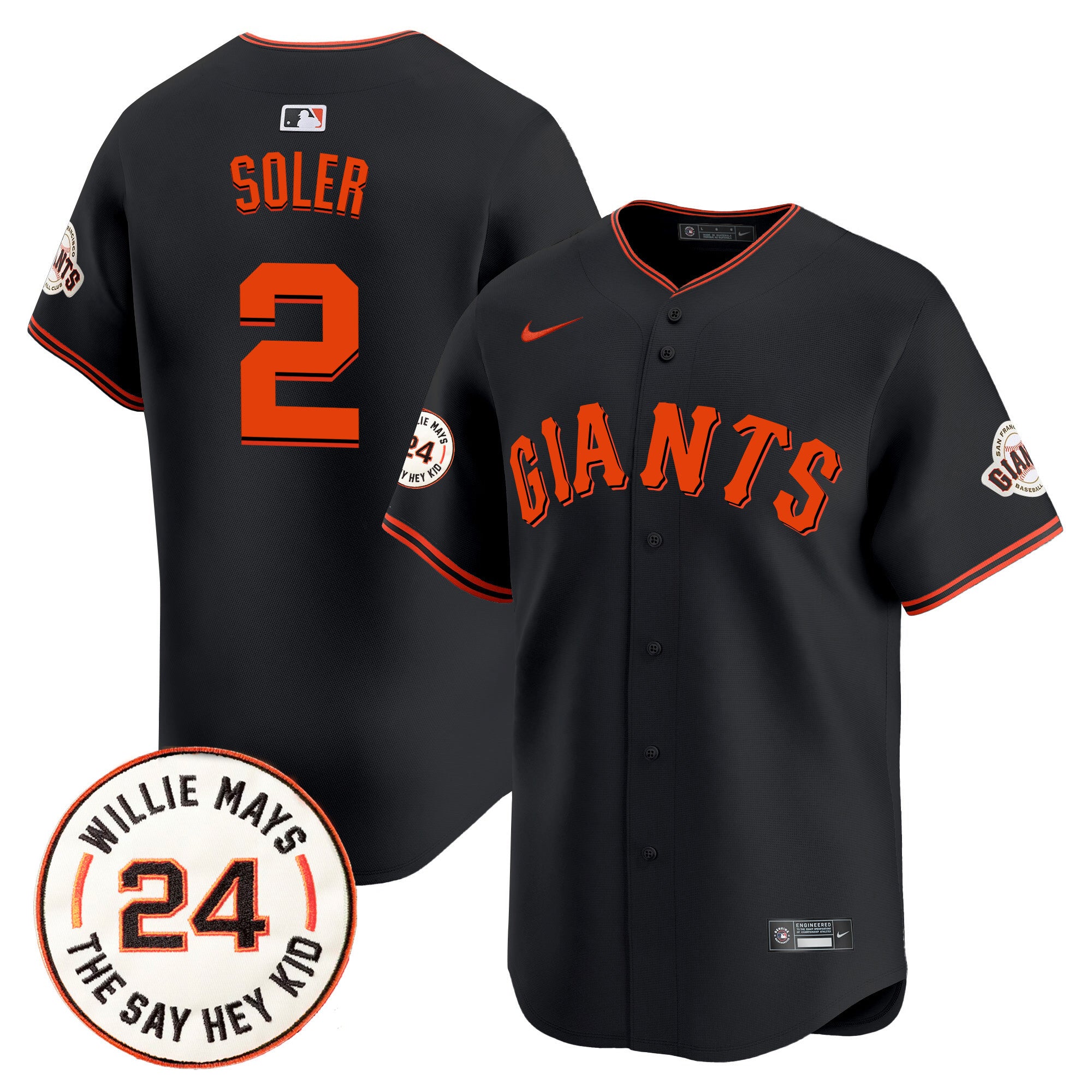 Men's San Francisco Giants 2024 Willie Mays Patch Vapor Premier Limited Jersey V6 - All Stitched - Black, Jorge Soler