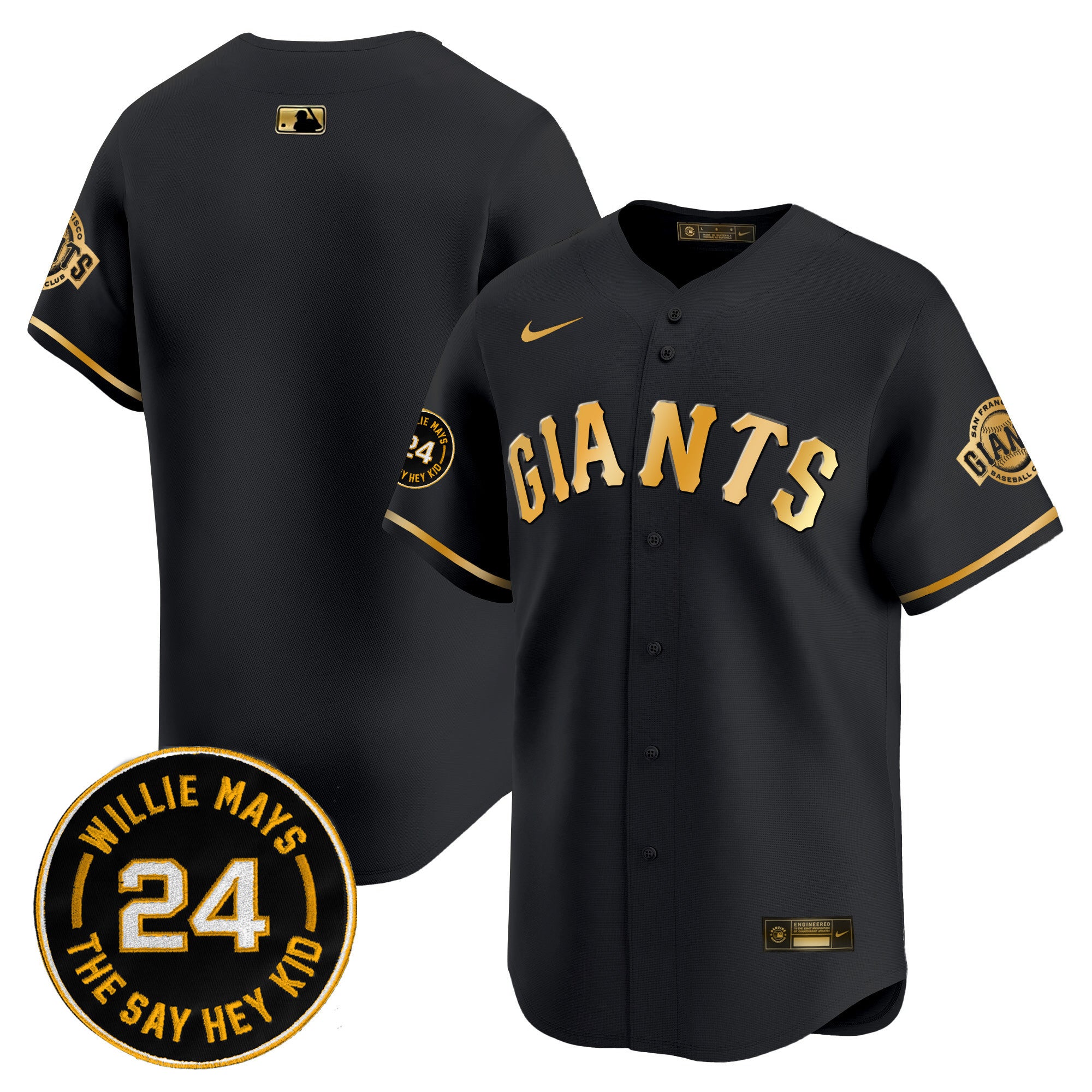 Men's San Francisco Giants 2024 Willie Mays Patch Vapor Premier Limited Jersey V6 - All Stitched - Black Gold, Team