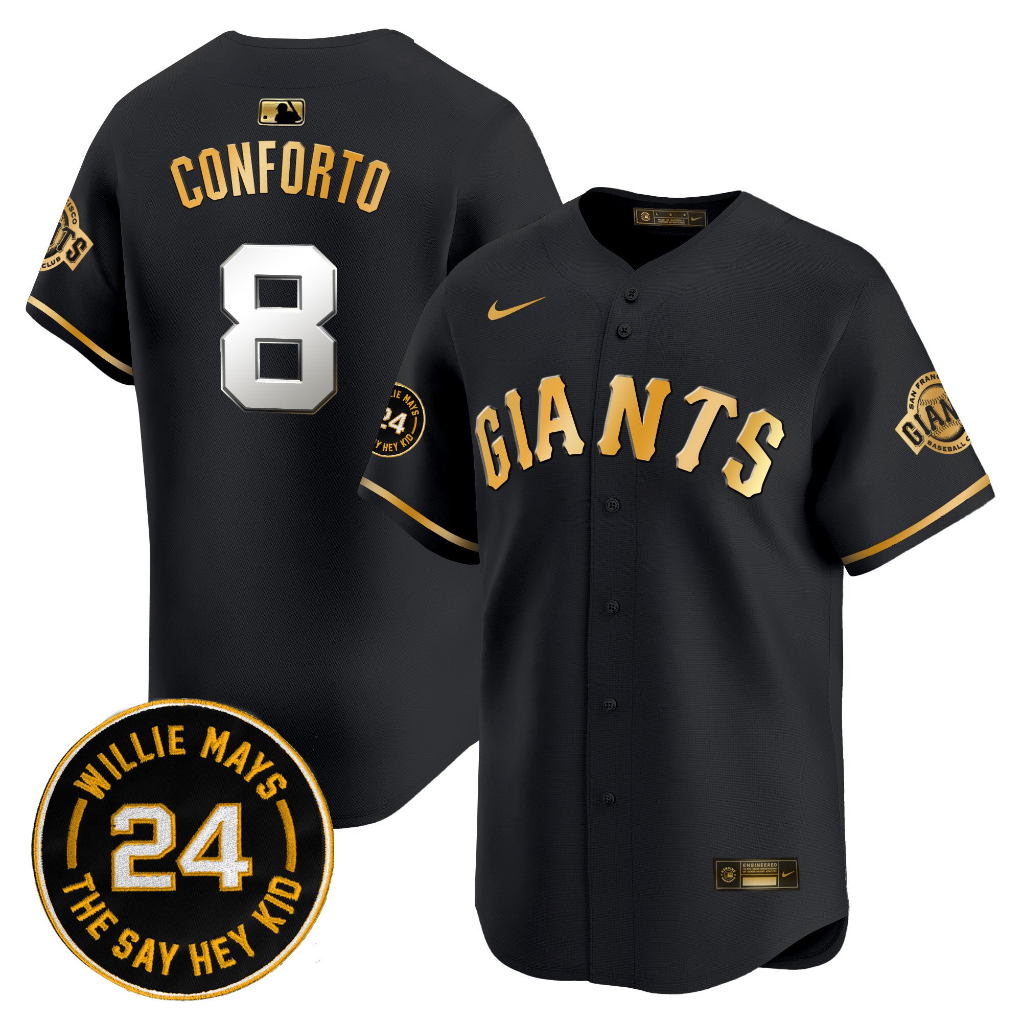 Men's San Francisco Giants 2024 Willie Mays Patch Vapor Premier Limited Jersey V6 - All Stitched - Black Gold, Michael Conforto