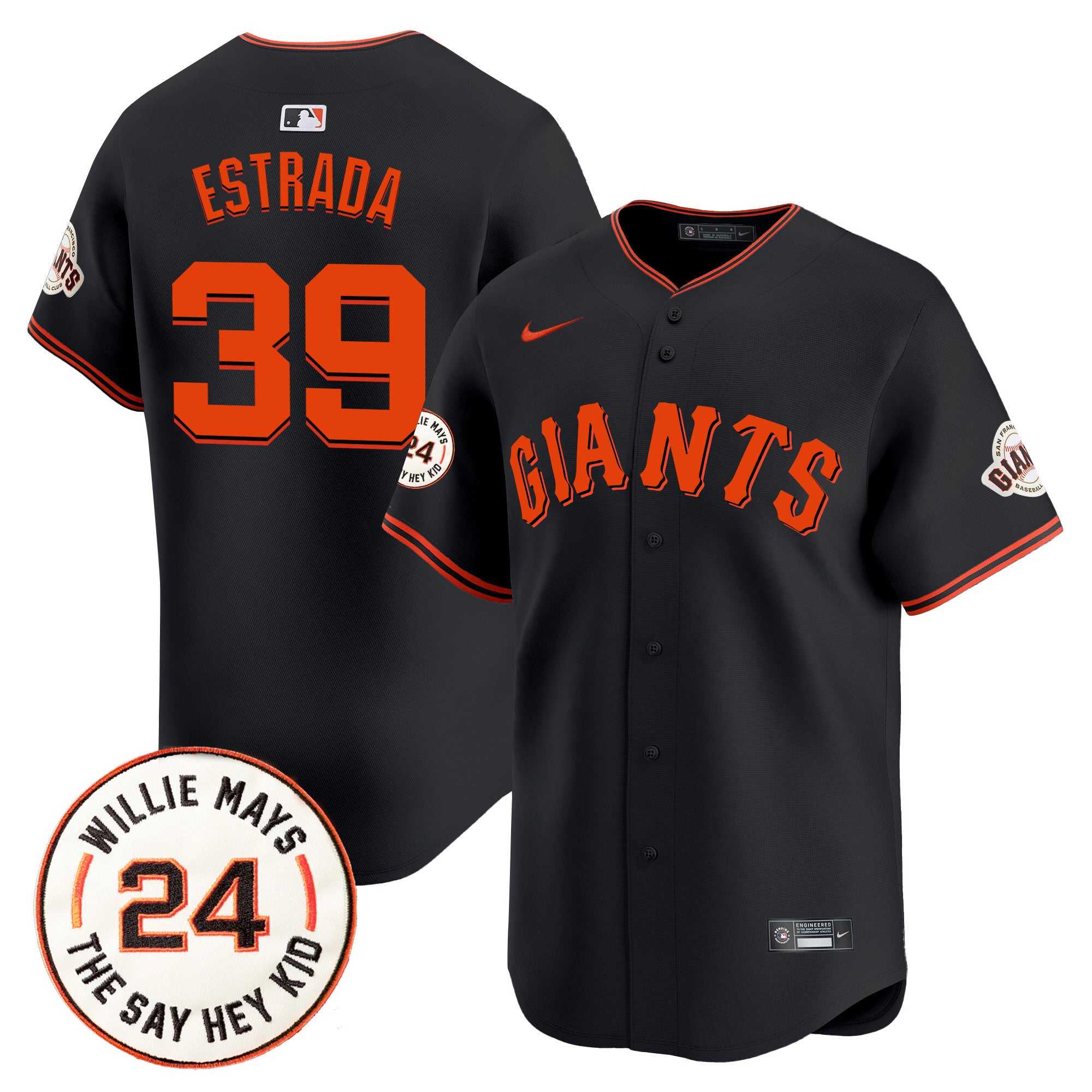 Men's San Francisco Giants 2024 Willie Mays Patch Vapor Premier Limited Jersey V6 - All Stitched - Black, Thairo Estrada