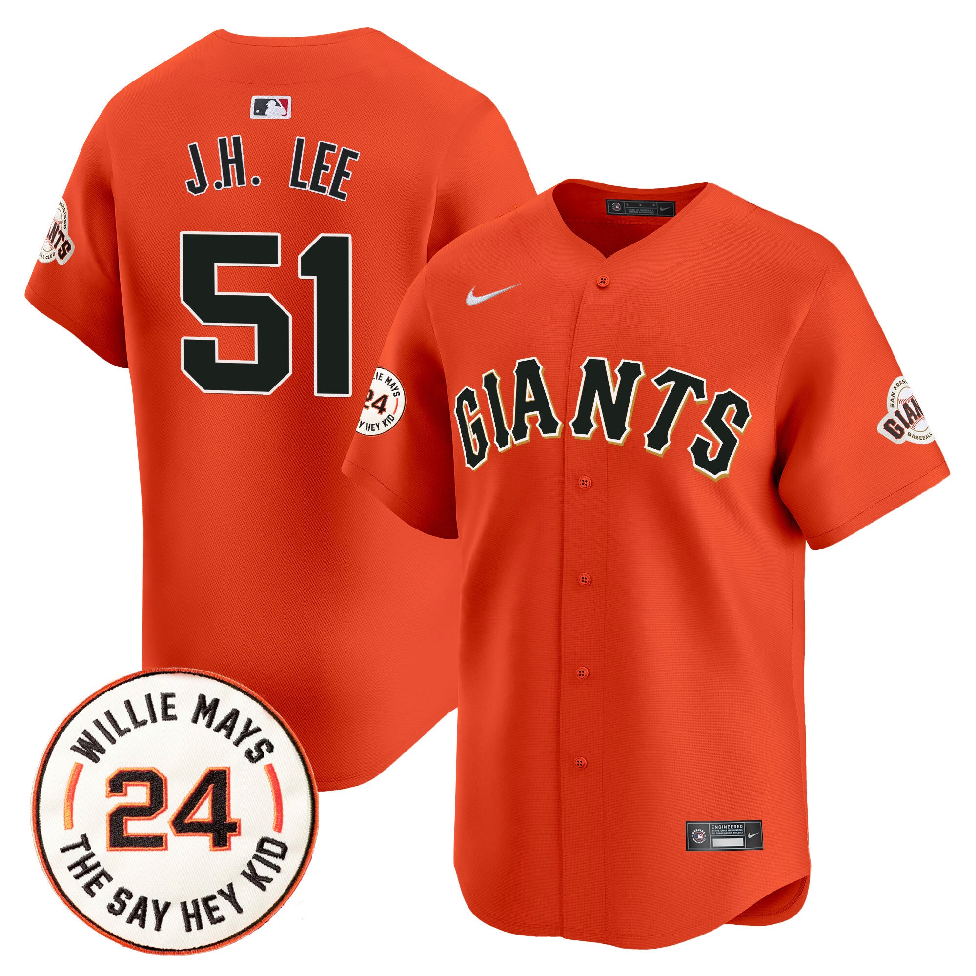 Men's San Francisco Giants 2024 Willie Mays Patch Vapor Premier Limited Jersey V6 - All Stitched - Orange, Jung Hoo Lee