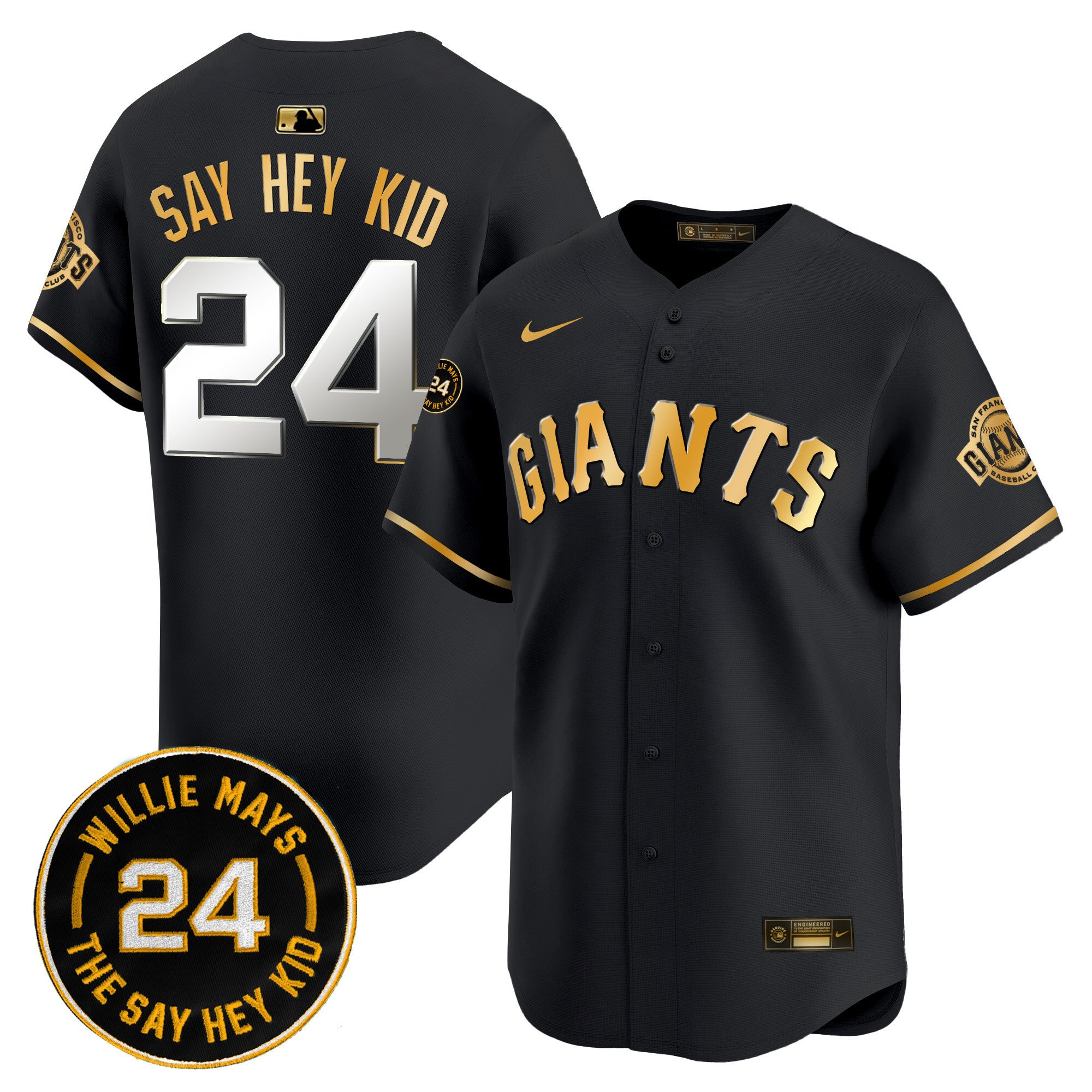 Men's San Francisco Giants 2024 Willie Mays Patch Vapor Premier Limited Jersey V6 - All Stitched - Black Gold, Willie Mays