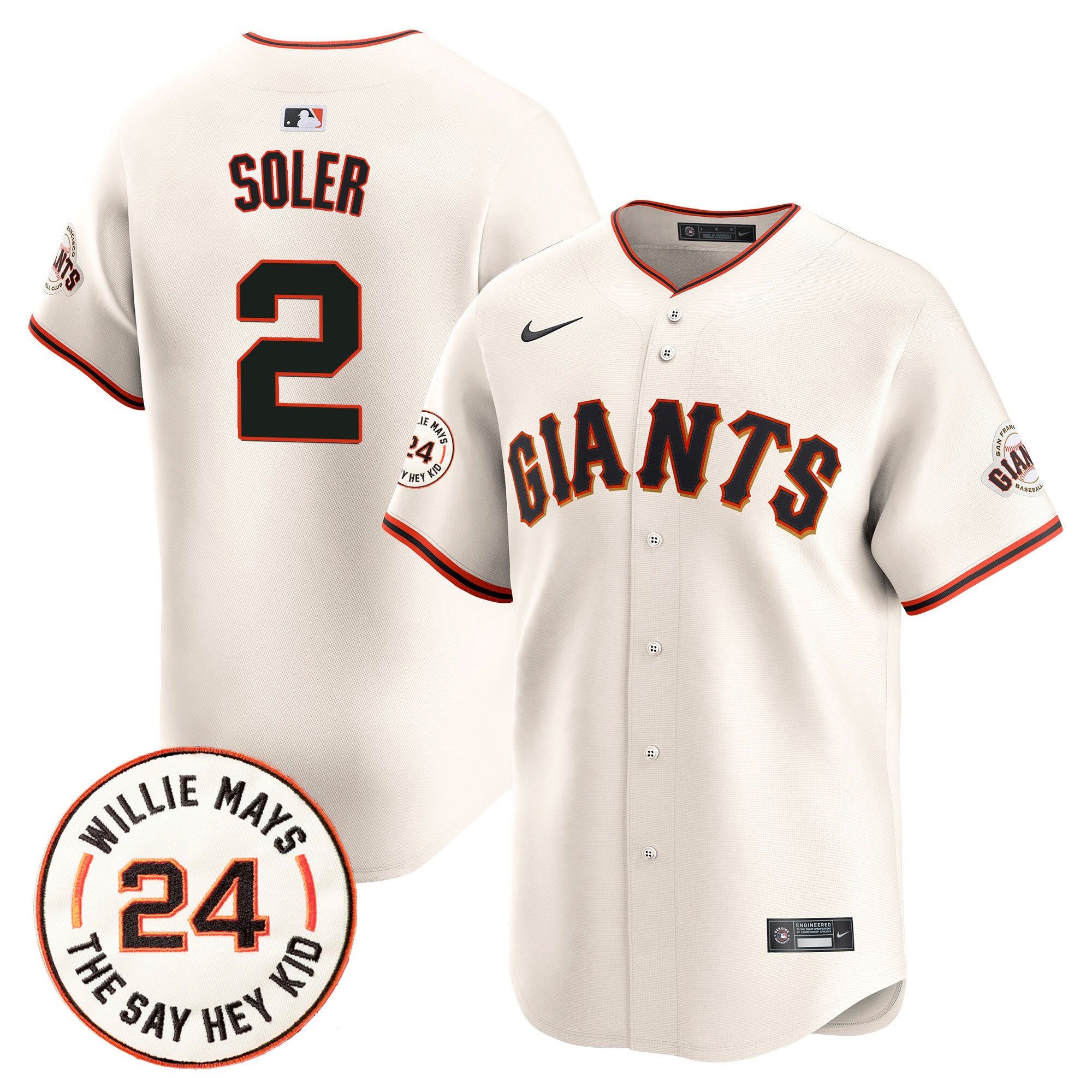 Men's San Francisco Giants 2024 Willie Mays Patch Vapor Premier Limited Jersey V6 - All Stitched - Cream, Jorge Soler