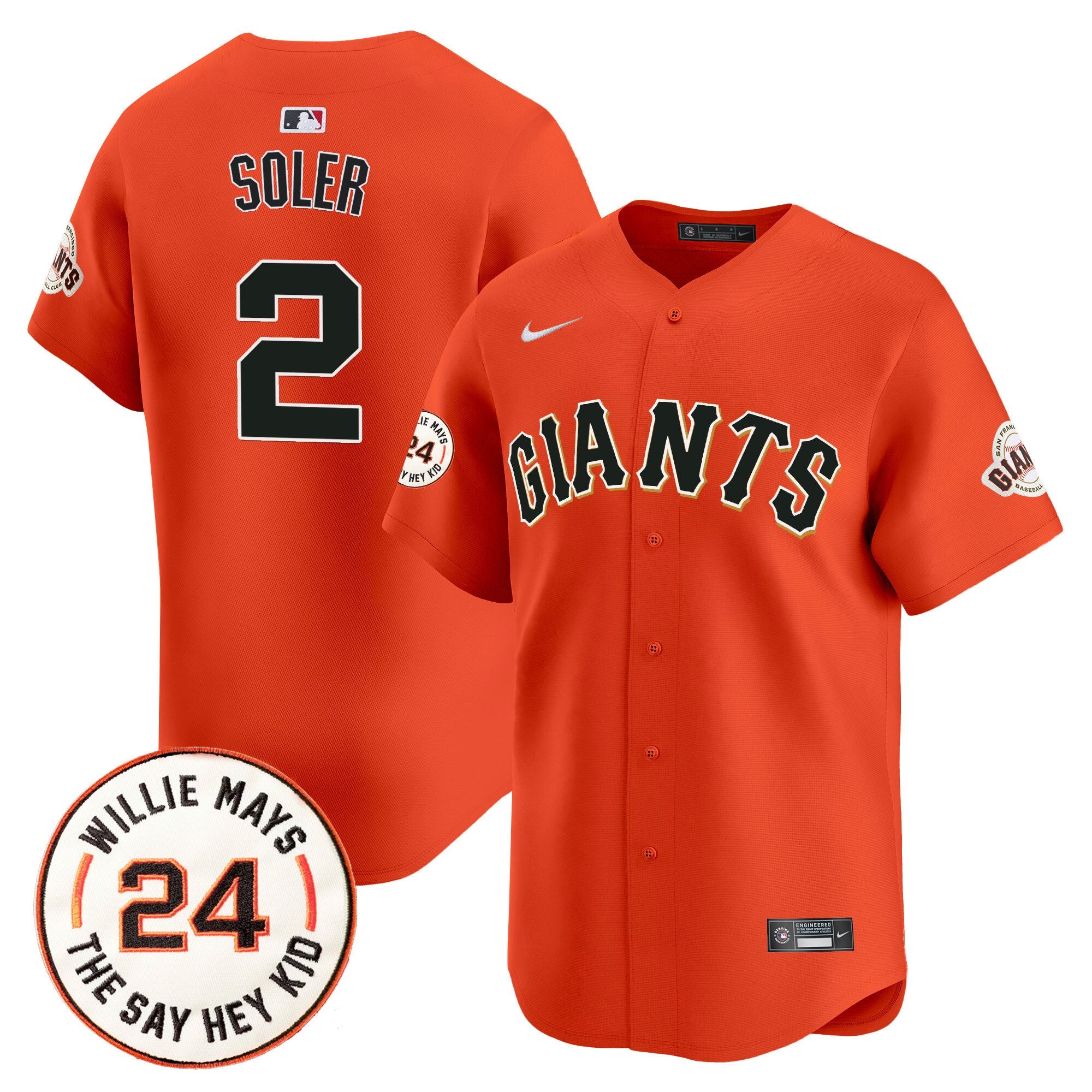 Men's San Francisco Giants 2024 Willie Mays Patch Vapor Premier Limited Jersey V6 - All Stitched - Orange, Jorge Soler