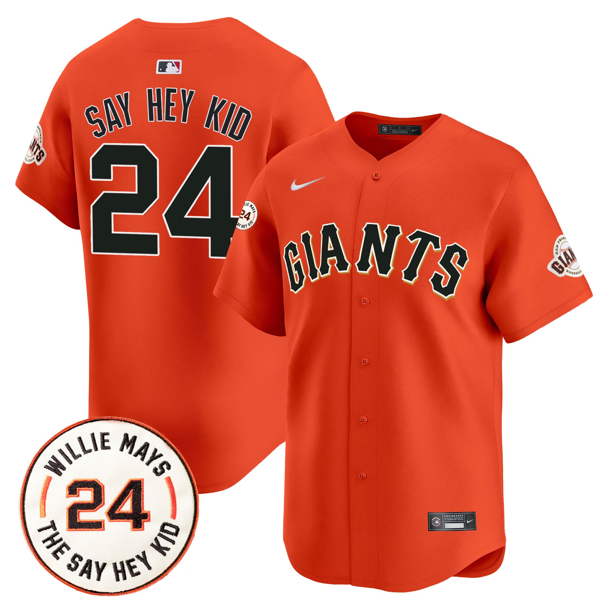 Men's San Francisco Giants 2024 Willie Mays Patch Vapor Premier Limited Jersey V6 - All Stitched - Orange, Willie Mays