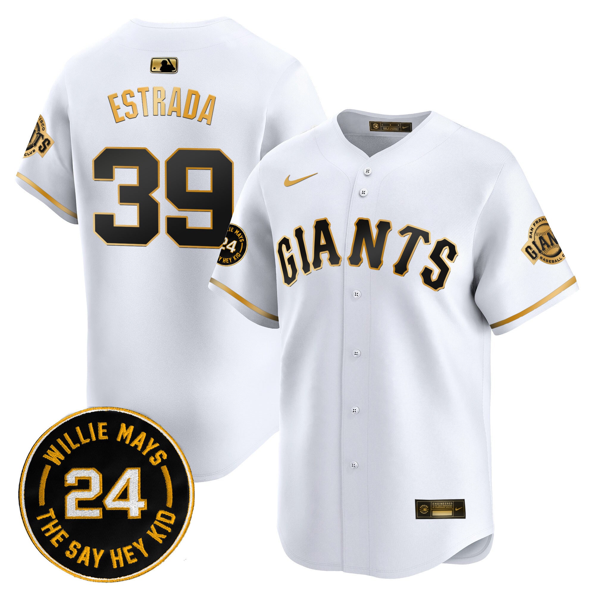 Men's San Francisco Giants 2024 Willie Mays Patch Vapor Premier Limited Jersey V6 - All Stitched - White Gold, Thairo Estrada