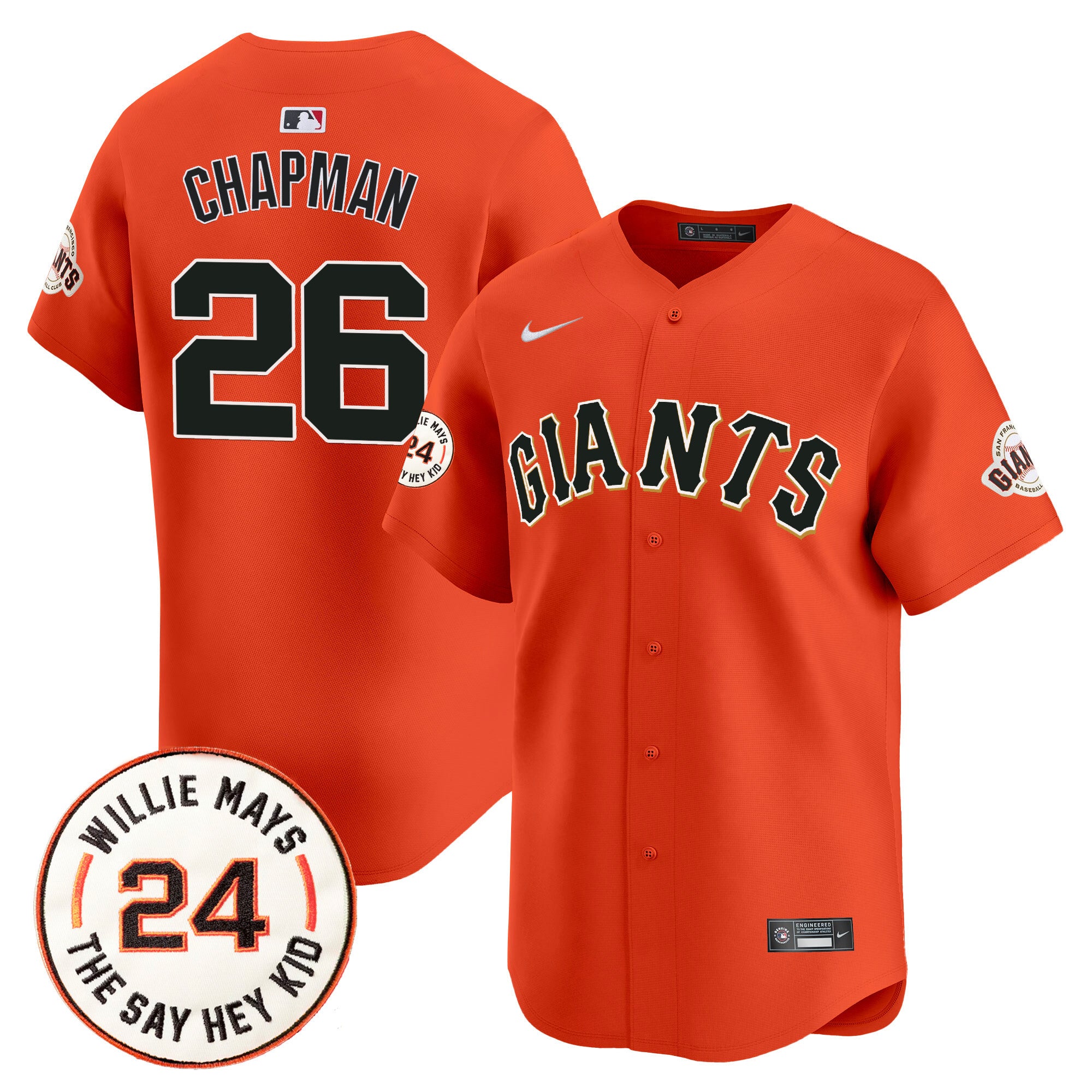 Men's San Francisco Giants 2024 Willie Mays Patch Vapor Premier Limited Jersey V6 - All Stitched - Orange, Matt Chapman