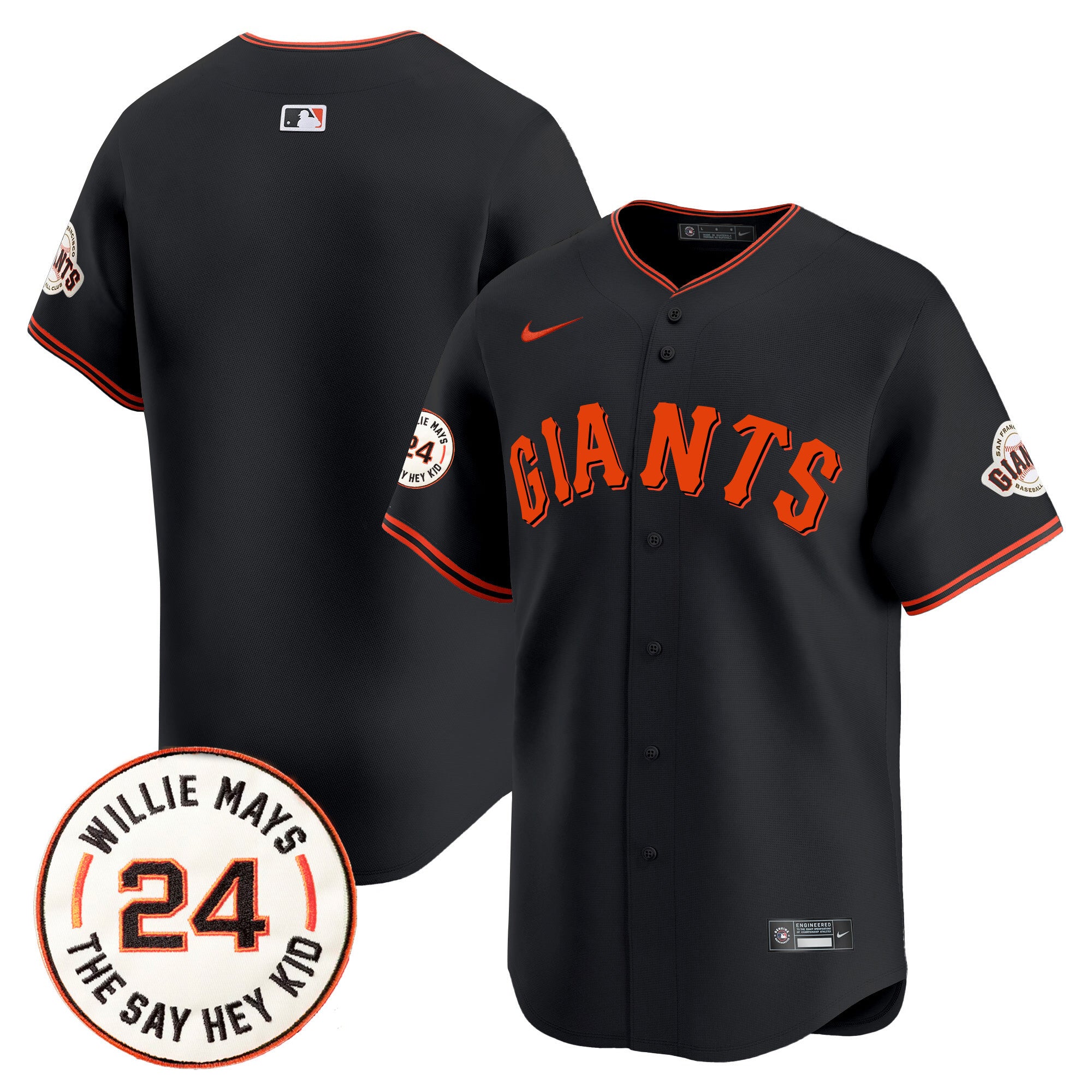 Men's San Francisco Giants 2024 Willie Mays Patch Vapor Premier Limited Jersey V6 - All Stitched - Black, Team