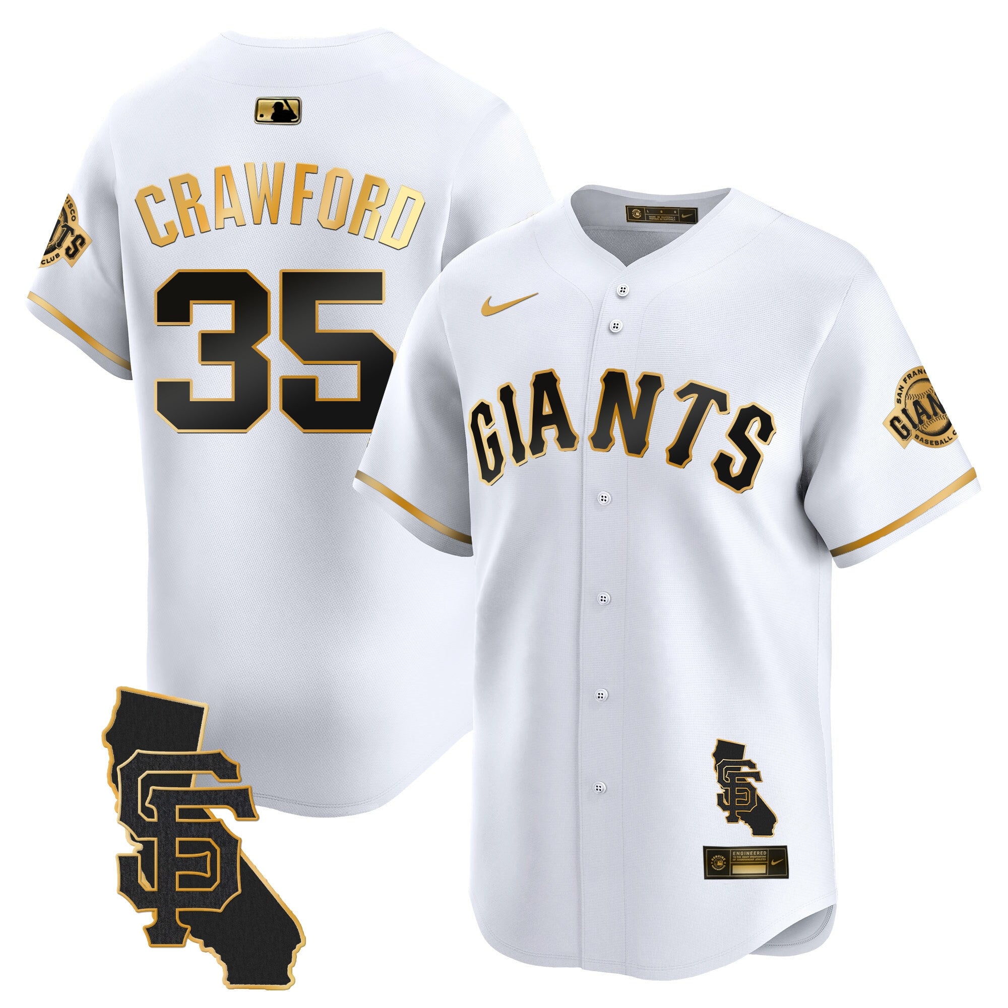 Men's San Francisco Giants California Patch Vapor Premier Limited Jersey - All Stitched - White Gold, Brandon Crawford