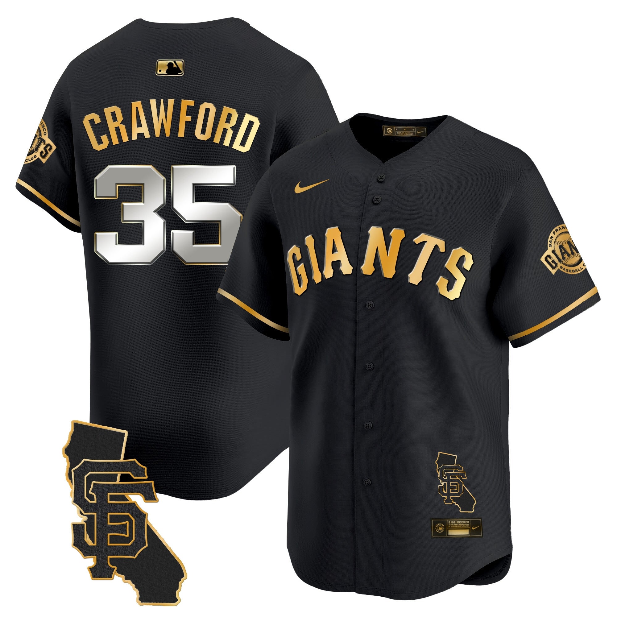 Men's San Francisco Giants California Patch Vapor Premier Limited Jersey - All Stitched - Black Gold, Brandon Crawford