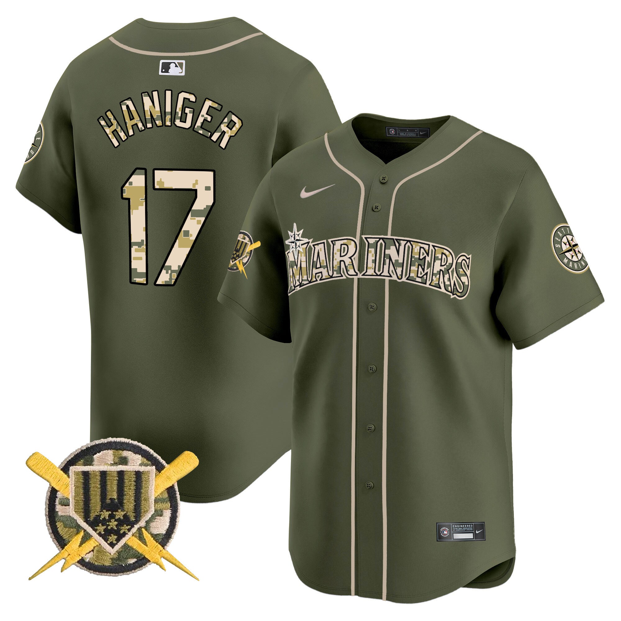 Men's Seattle Mariners Armed Forces Day Vapor Premier Limited Jersey - All Stitched - Green, Mitch Haniger