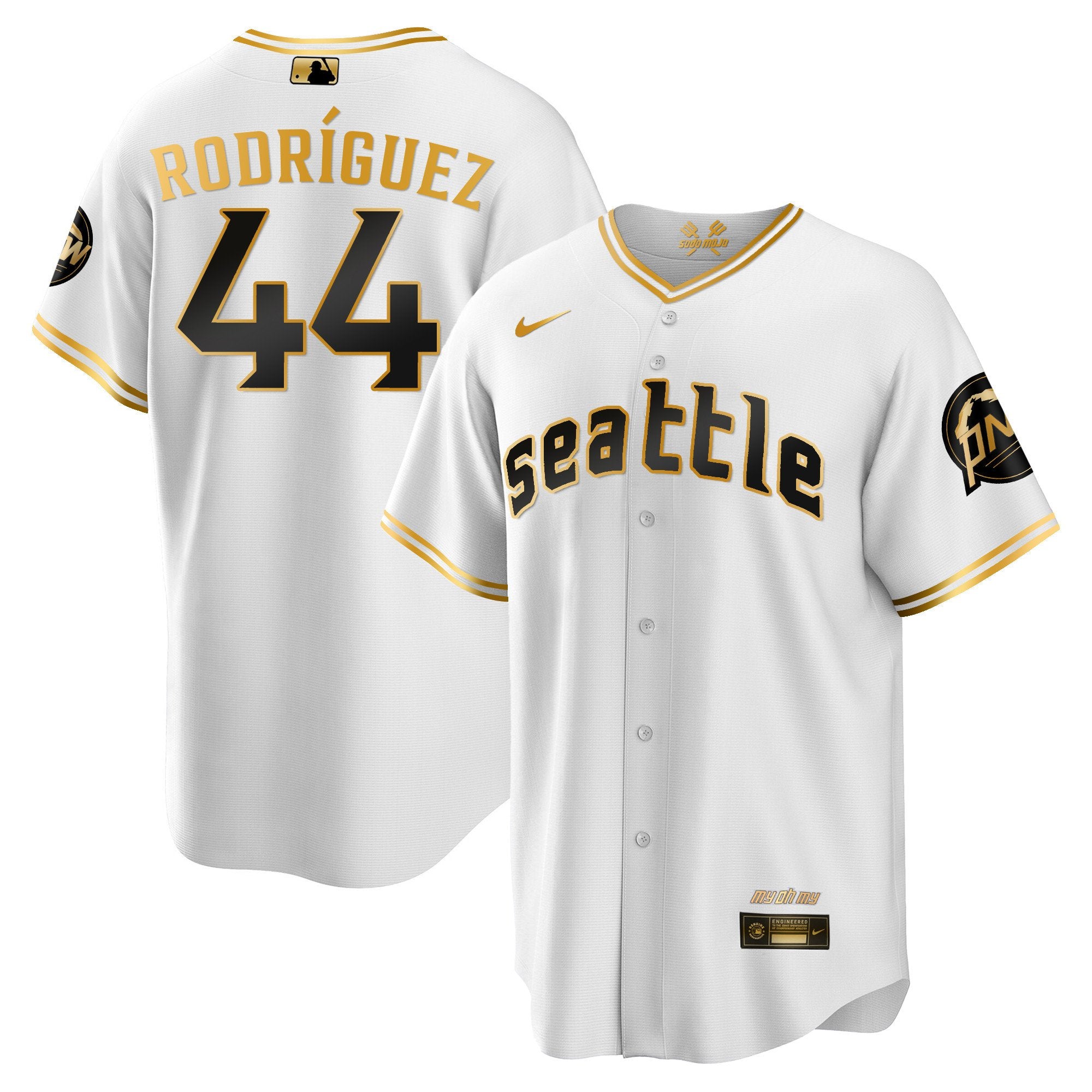 Men's Seattle Mariners City Connect Cool Base Jersey - All Stitched - White Gold, Julio Rodríguez