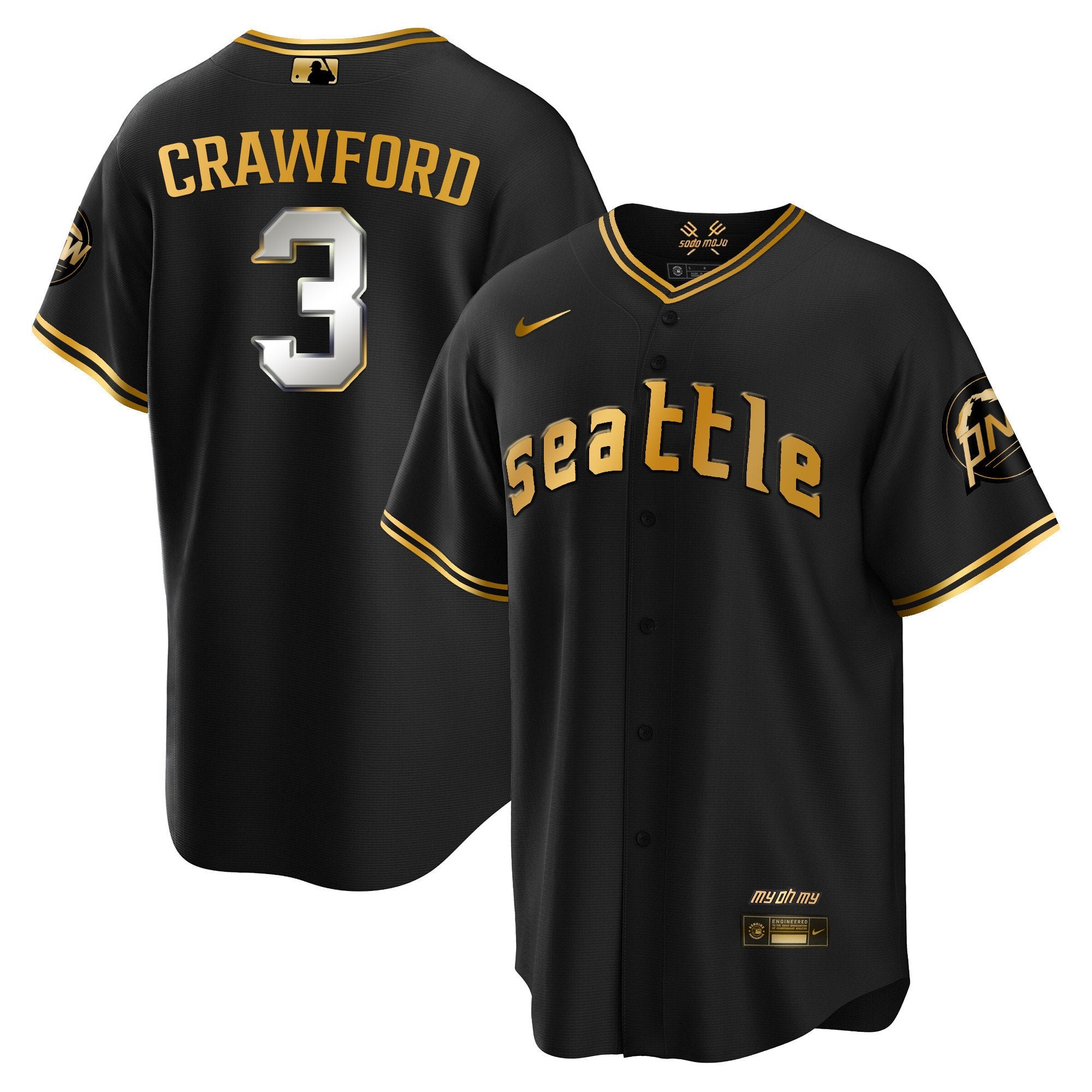 Men's Seattle Mariners City Connect Cool Base Jersey - All Stitched - Black Gold, J.P. Crawford