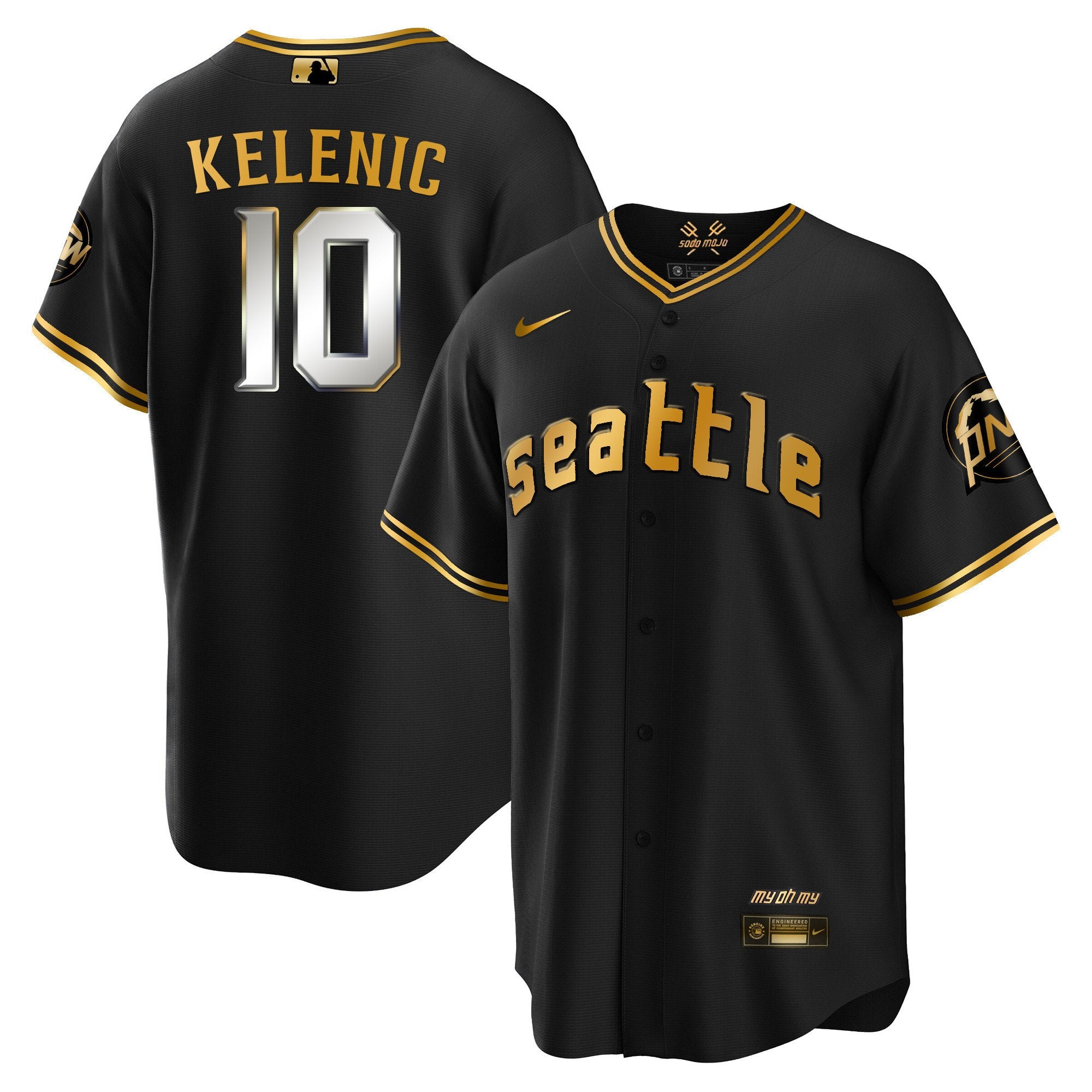 Men's Seattle Mariners City Connect Cool Base Jersey - All Stitched - Black Gold, Jarred Kelenic