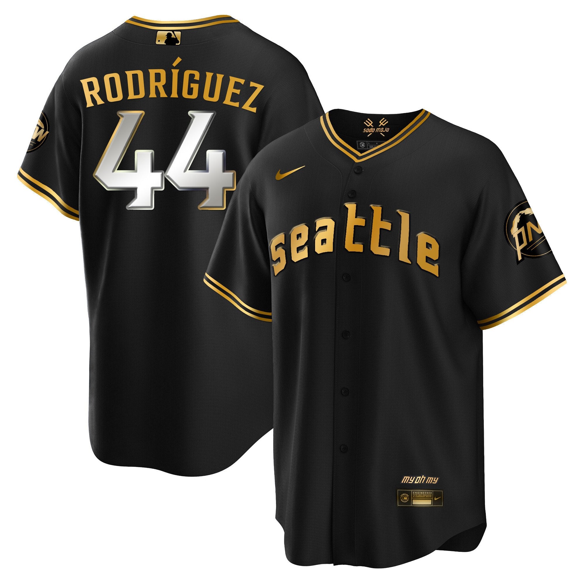 Men's Seattle Mariners City Connect Cool Base Jersey - All Stitched - Black Gold, Julio Rodríguez
