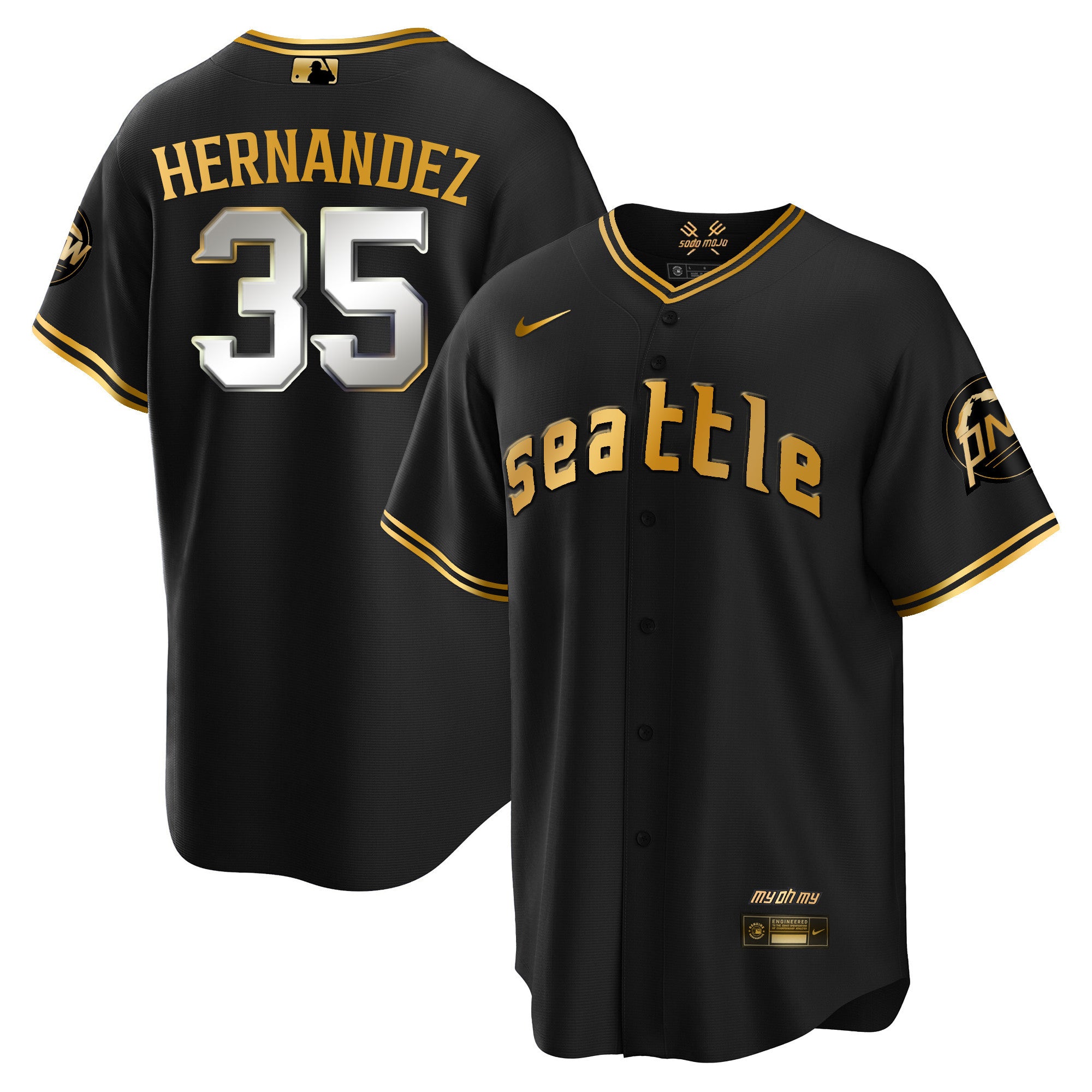 Men's Seattle Mariners City Connect Cool Base Jersey - All Stitched - Black Gold, Teoscar Hernandez